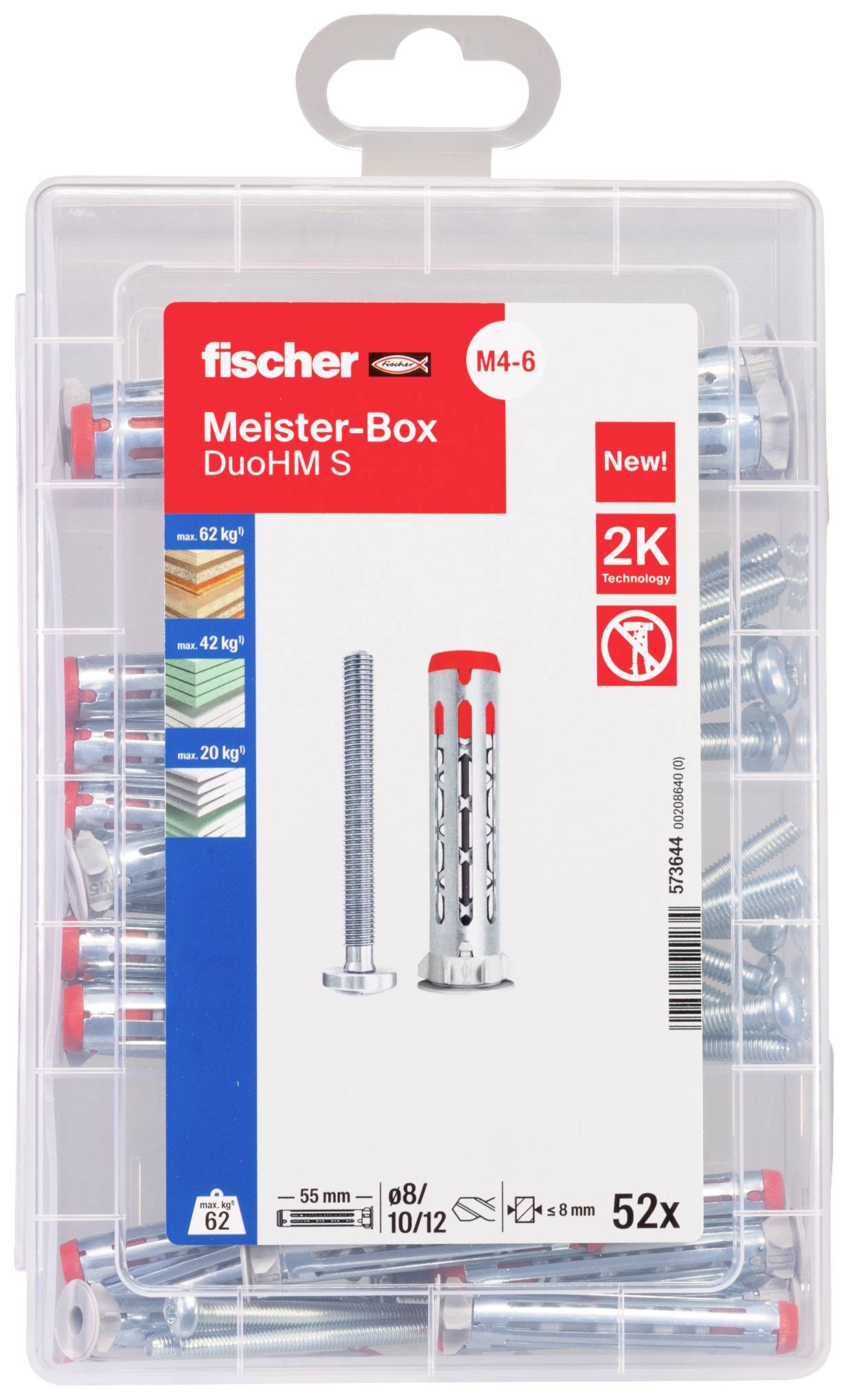 'Fischer Meister-Box DuoHM S' Set mit Dübeln und Schrauben, 52 Stück, belastbar je nach Material bis zu 62 kg. Enthält Montagehilfen.
