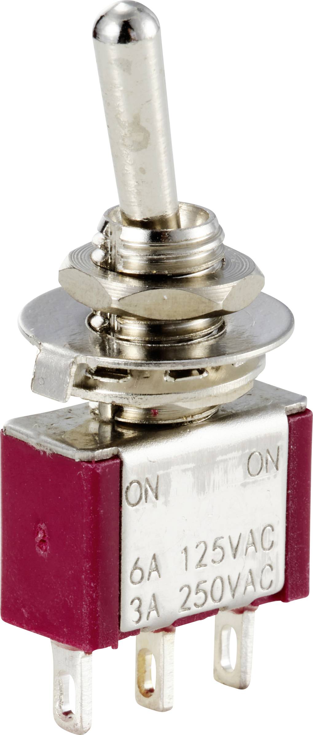 Metallschalter mit rotem Gehäuse und drei Anschlussstiften. Beschriftet mit 'ON' und den Stromstärken '6A 125VAC', '3A 250VAC'.