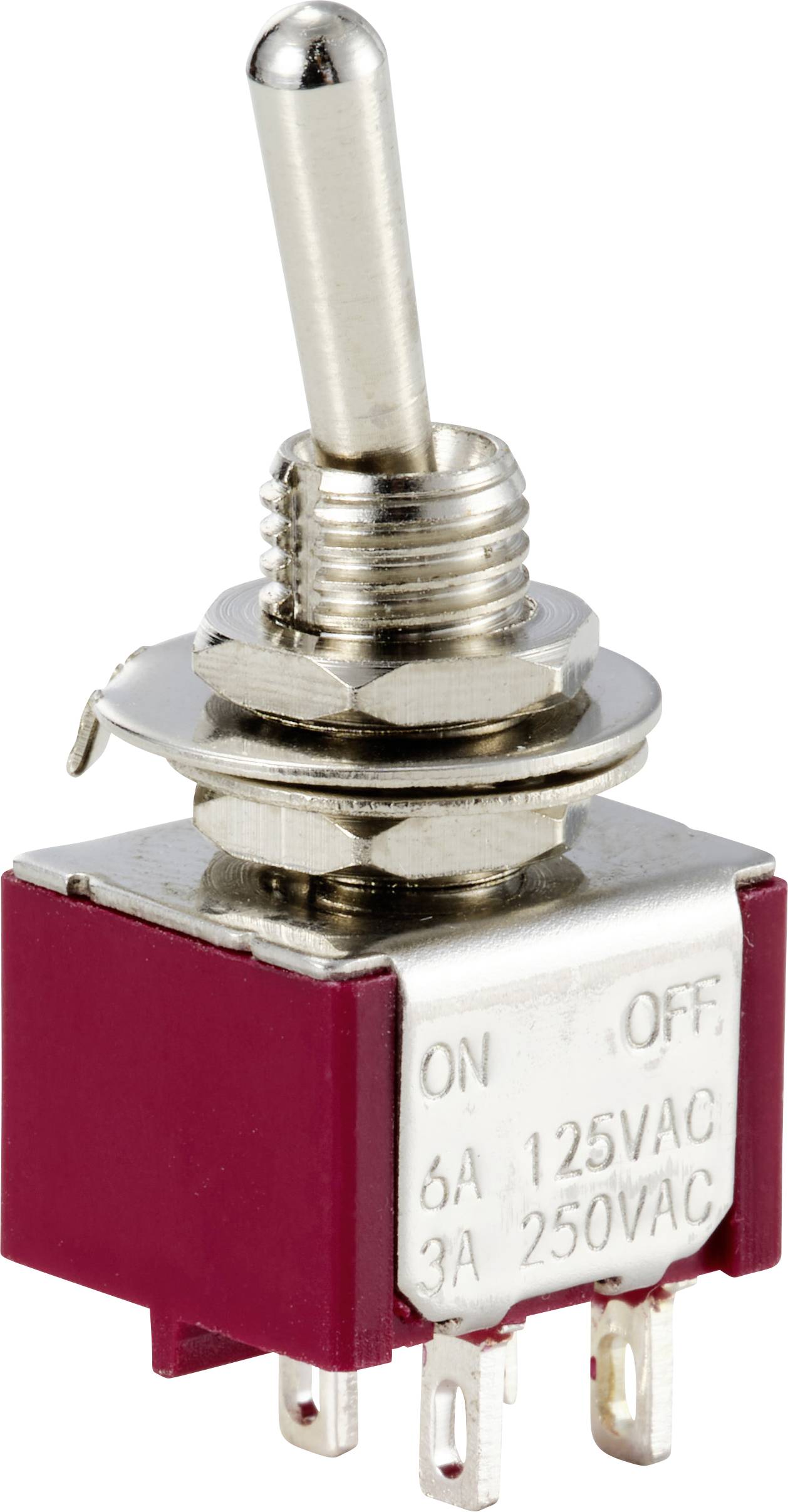 Ein roter Kippschalter mit Metallhebel. Aufschrift: 'ON OFF', '6A 125VAC', '3A 250VAC', vermutlich für elektrische Geräte oder Schaltungen.
