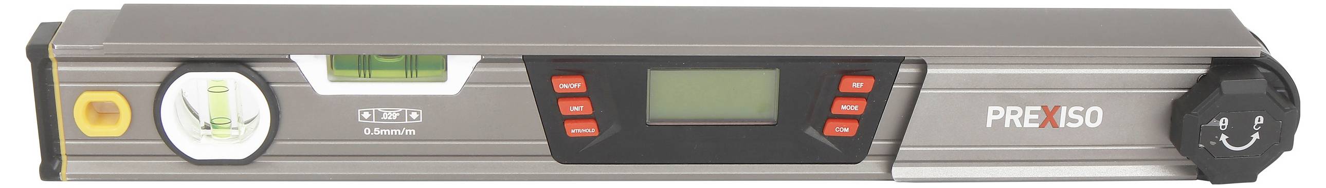 Elektronische Wasserwaage mit digitalem Display und Libelle, silbernes Gehäuse, Marke Prexiso. Ideal zum präzisen Ausrichten.