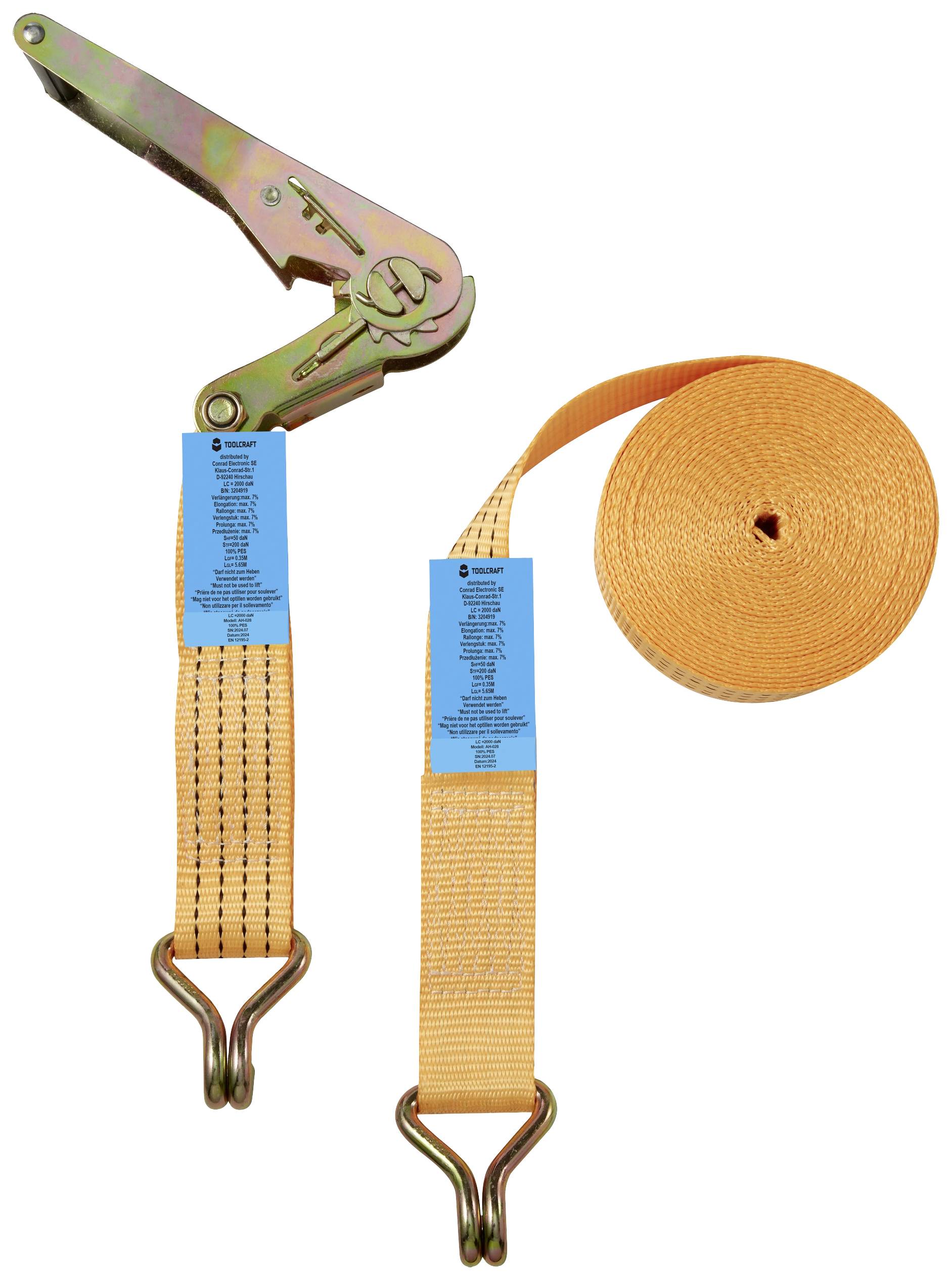 TOOLCRAFT TO-9614757 Zweiteiliger Spanngurt Zugkraft LC Niederzurren (einzeln/direkt)=2000 daN (L x B) 6000mm x 50mm Ratsche