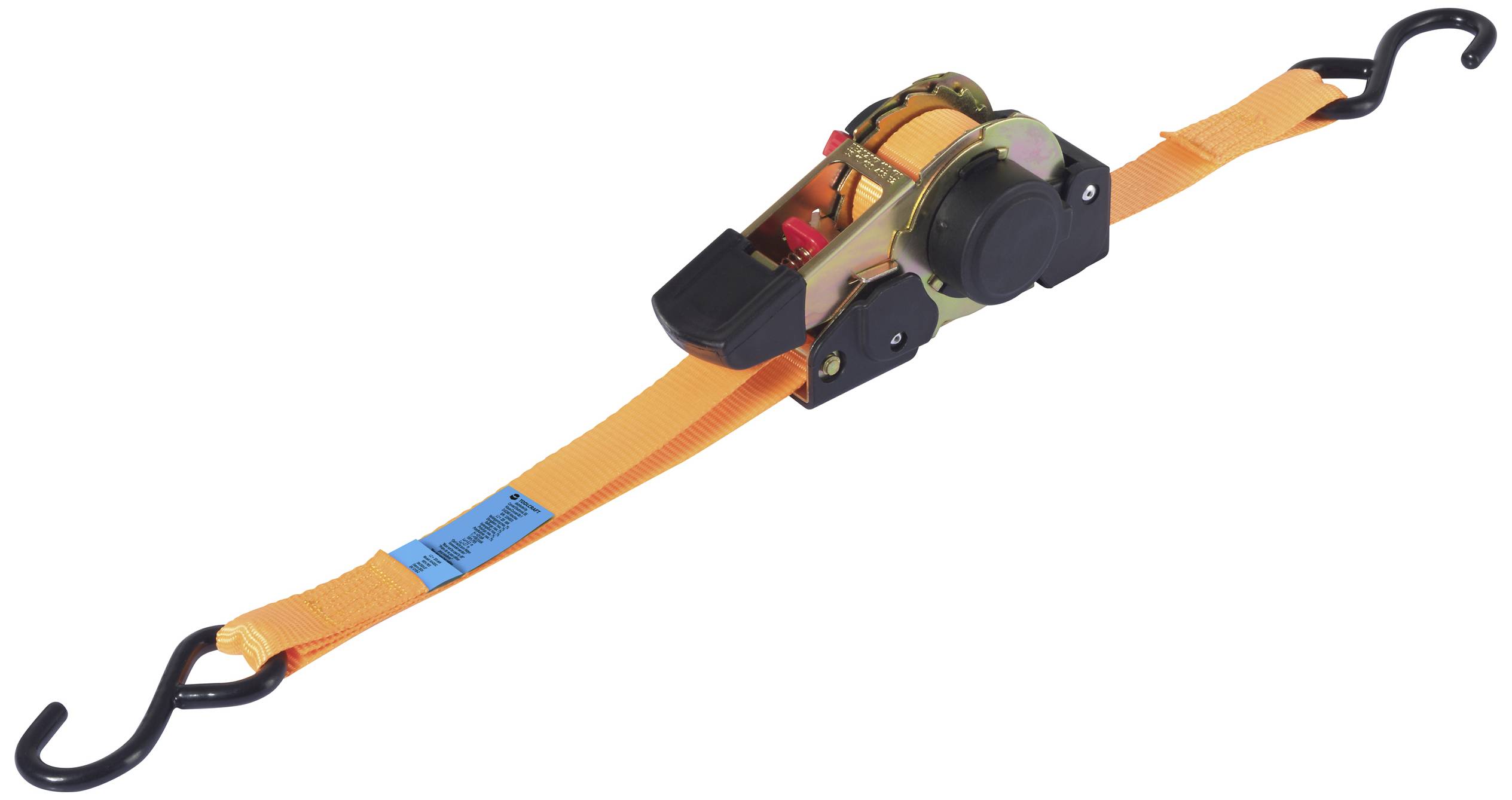 Ein Spanngurt mit orangem Band, schwarzem Ratschenmechanismus und zwei schwarzen Haken.