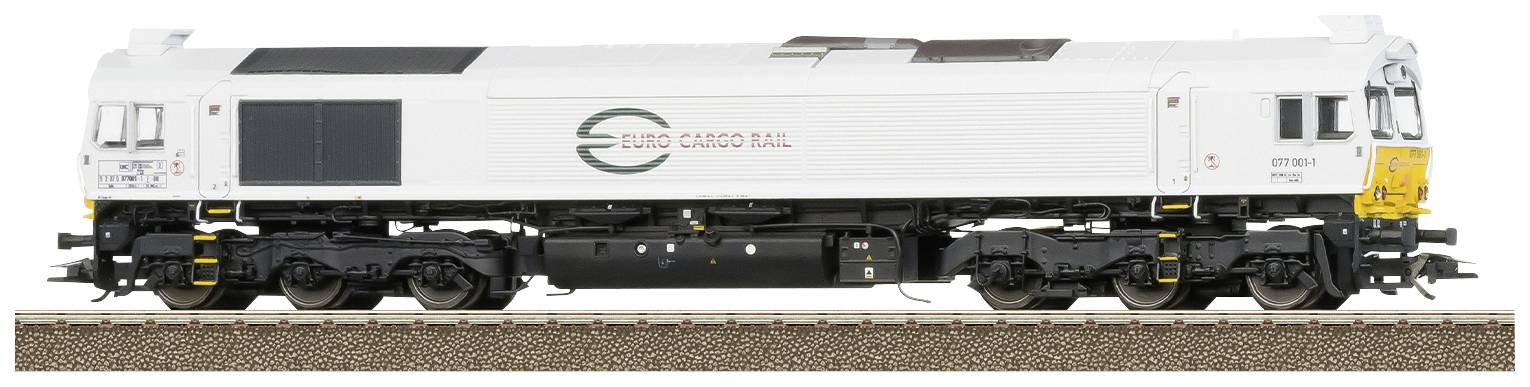Ein weißer Güterzug mit der Aufschrift 'Euro Cargo Rail' steht auf Schienen. Der Zug ist lang und zeigt komplizierte Details.