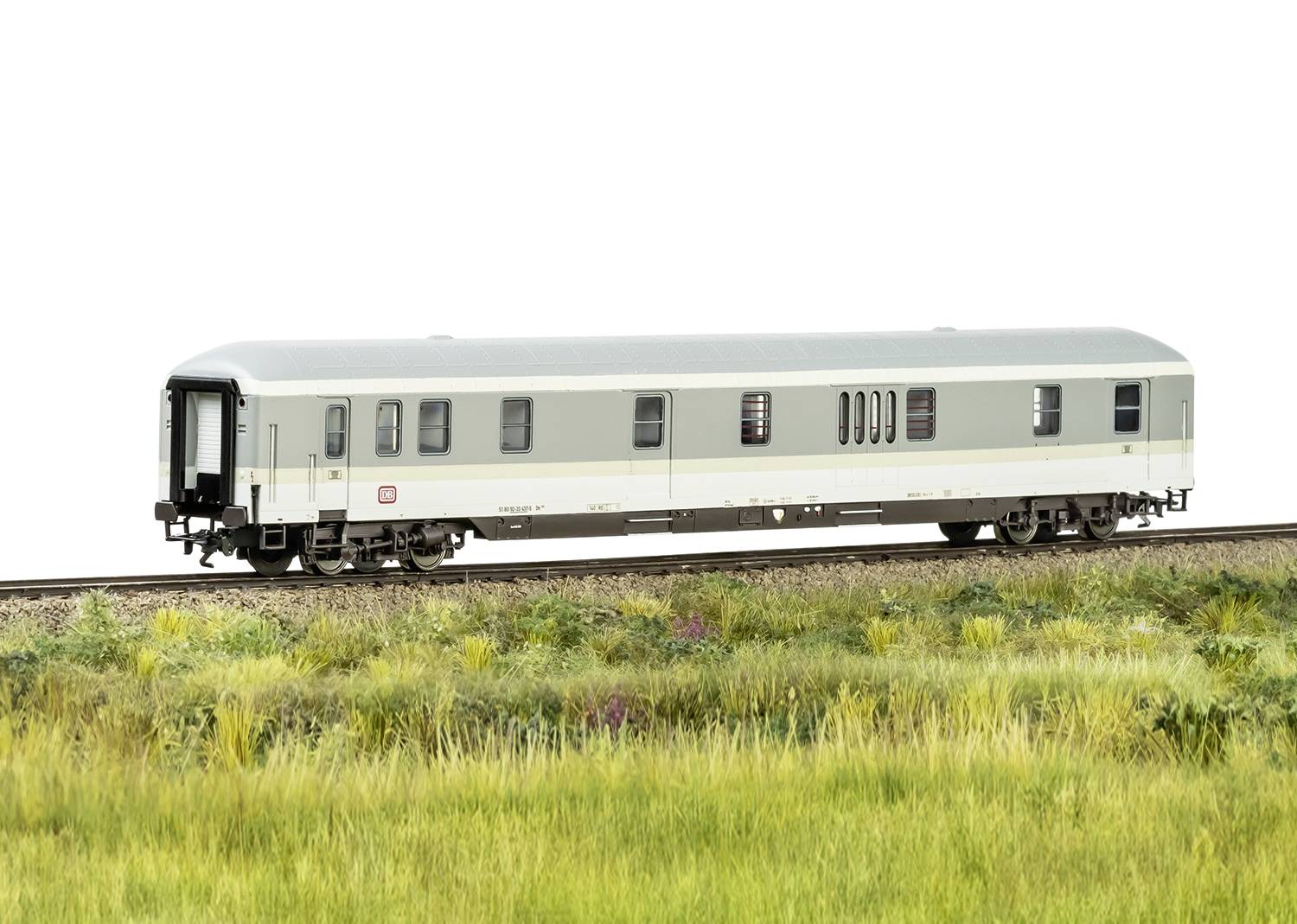 Eisenbahnwaggon in einer grünen Landschaft, auf Schienen stehend. Der Zug hat ein schlichtes, modernes Design.