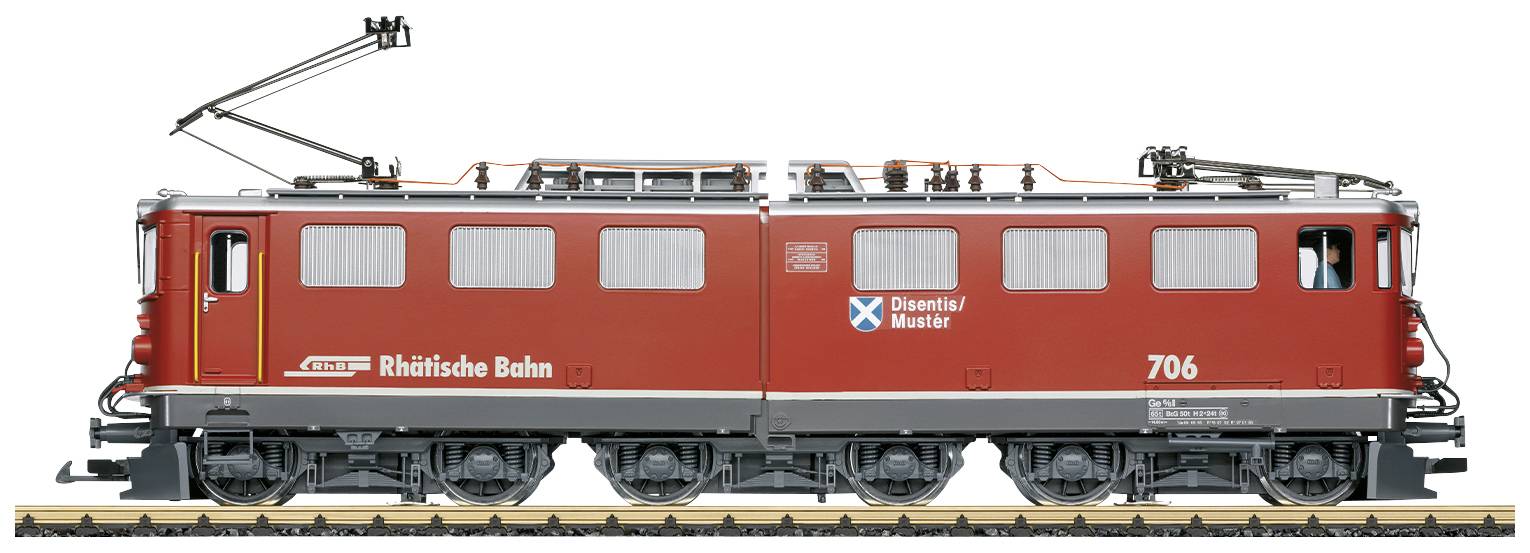 Rote elektische Lokomotive der Rhätischen Bahn, seitlich abgebildet, mit Nummer 706 und Beschriftung 'Davoser/Münster'.