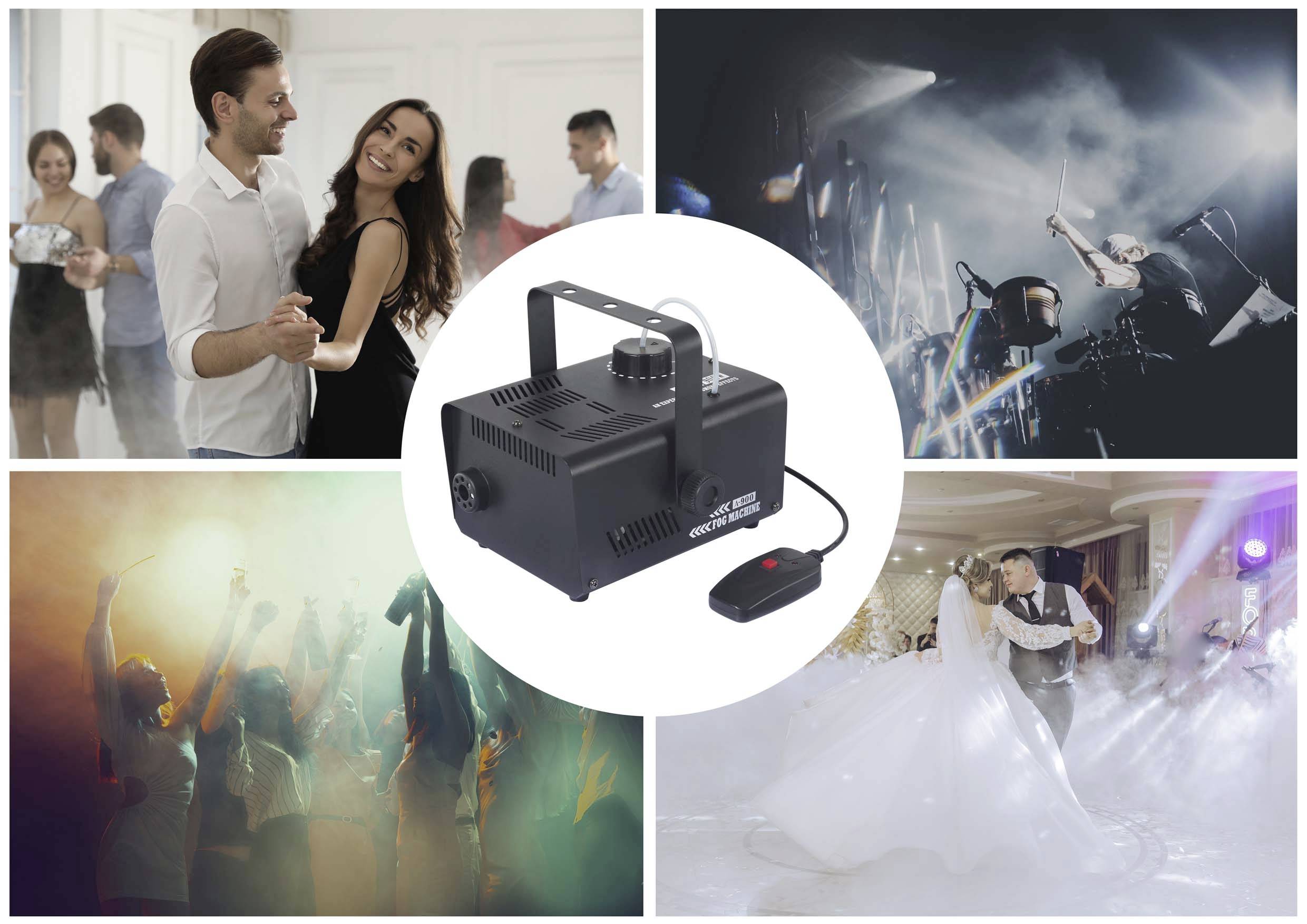 Vier Bilder von Tanzpartys und Hochzeiten, die einen Nebelmaschinen-Einsatz zeigen. Tanzende Paare in farbenfrohem Licht.