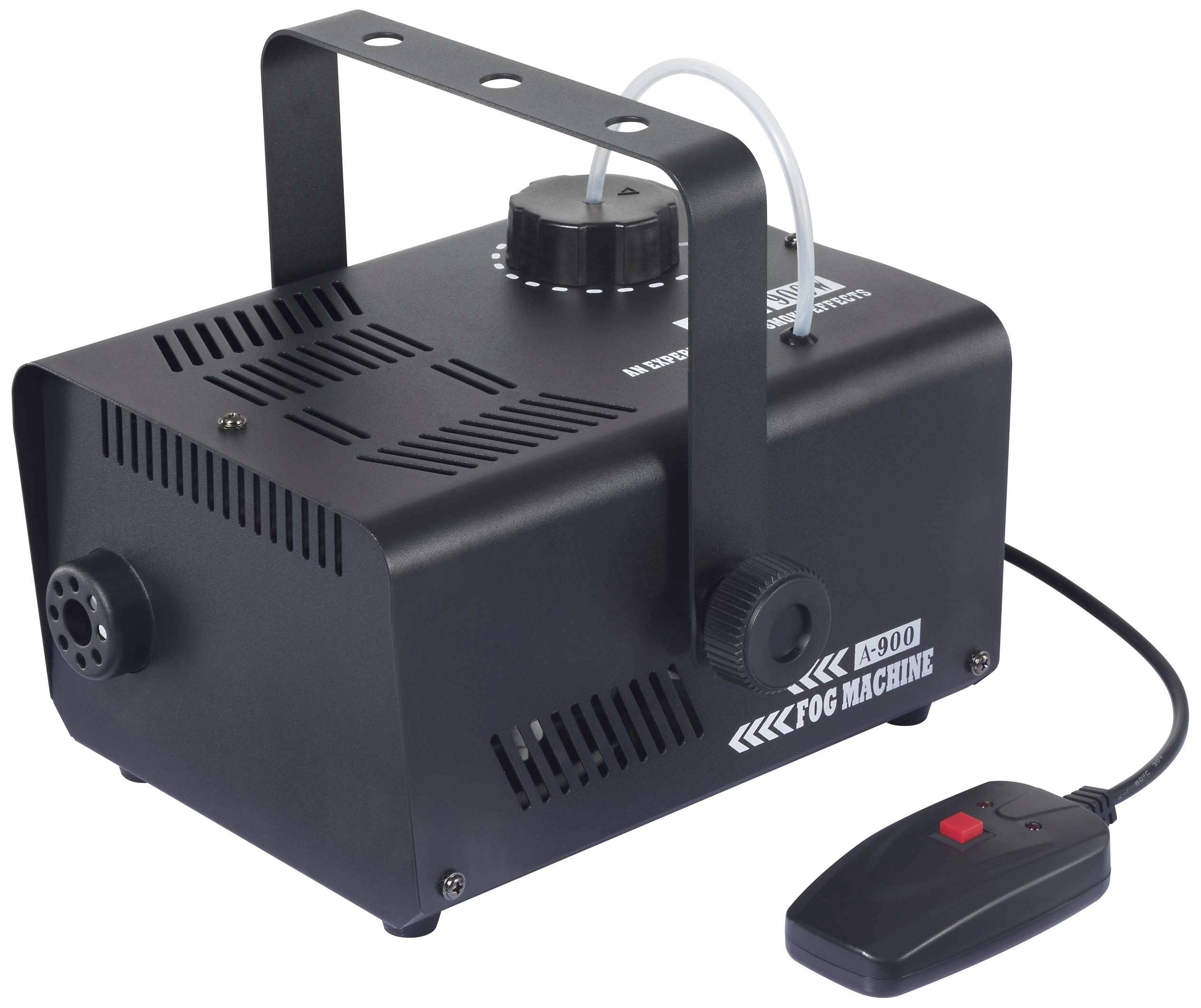 Eine schwarze Nebelmaschine mit Netzkabel und Kontrollschalter, bereit für den Einsatz bei Veranstaltungen oder Bühnenauftritten.