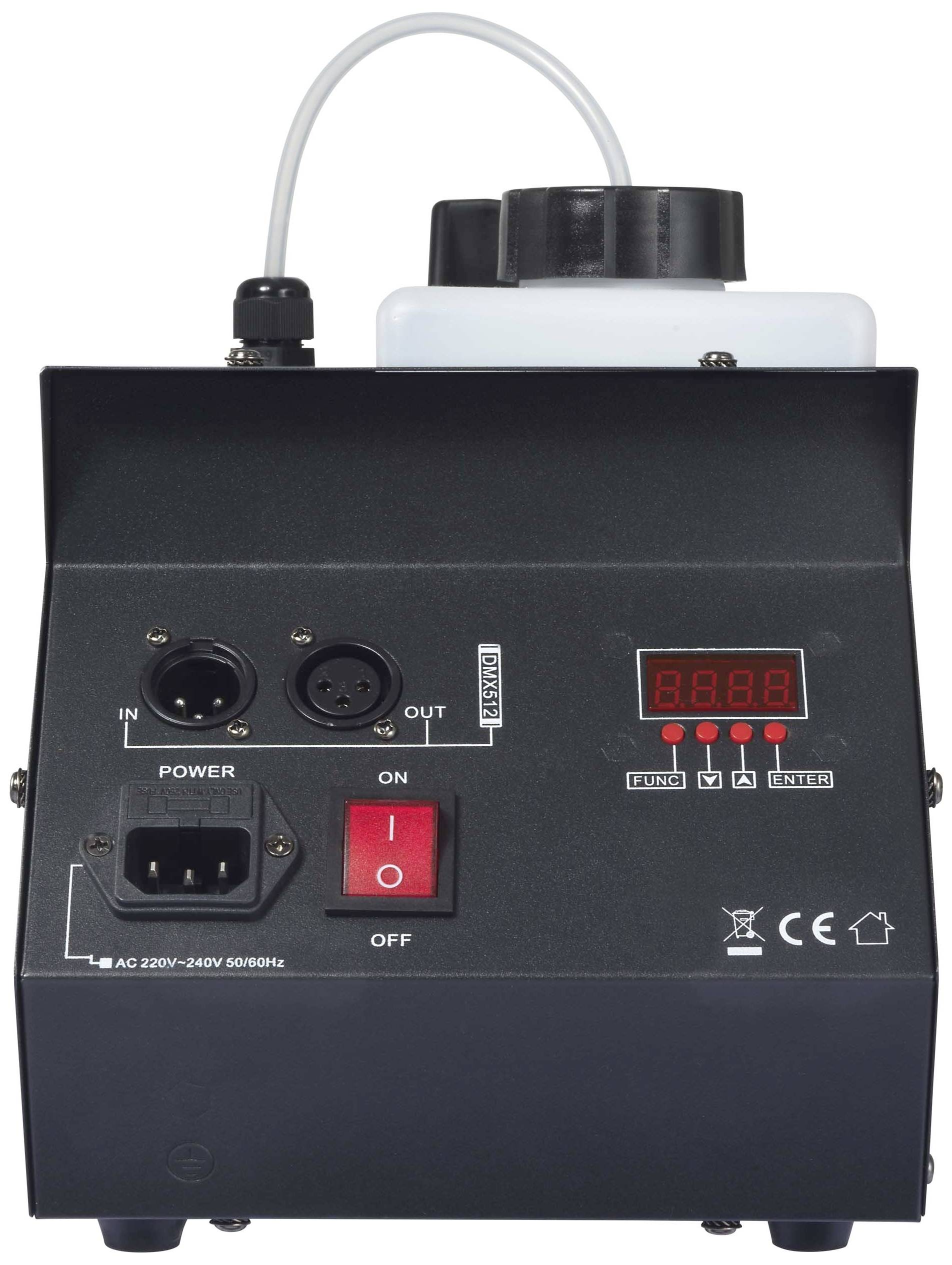 Nebelmaschine mit LED-Anzeige zeigt '88.8'. Rote Schalter für Ein/Aus, DMX-Anschlüsse, Strombuchse. CE-Zeichen unten rechts.