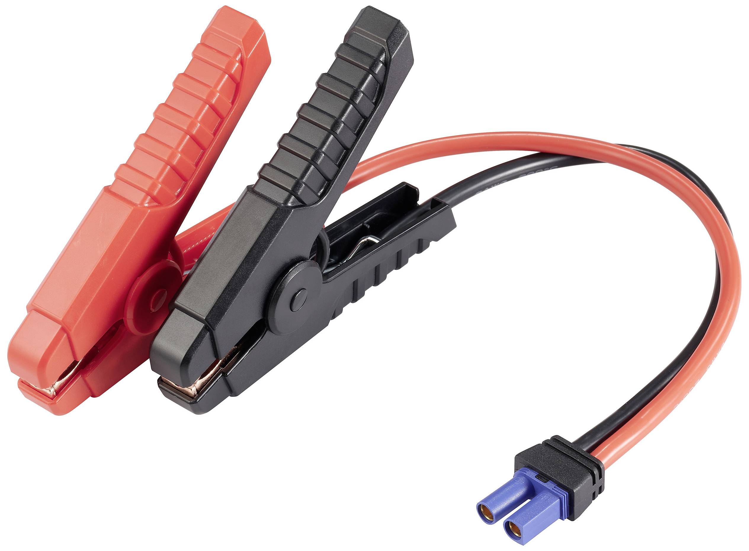 Rote und schwarze Starthilfekabel mit Klemmen und einem blauen Steckerende, häufig für Autobatterie-Verbindungen verwendet.
