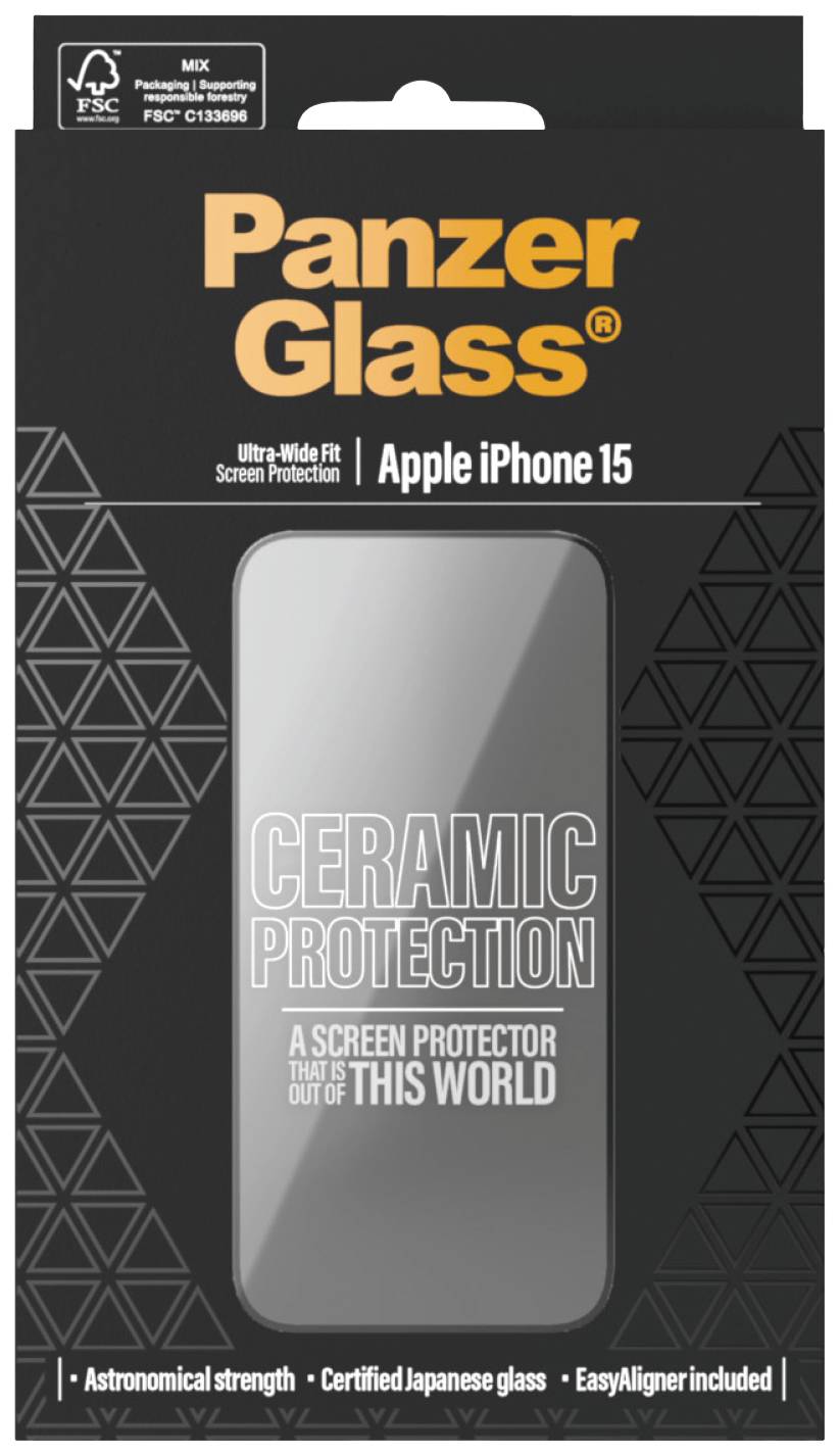 PanzerGlass Displayschutzverpackung für iPhone 15 mit 'Ceramic Protection' und 'Astronomical strength' Aufschrift, FSC-Logo oben links.