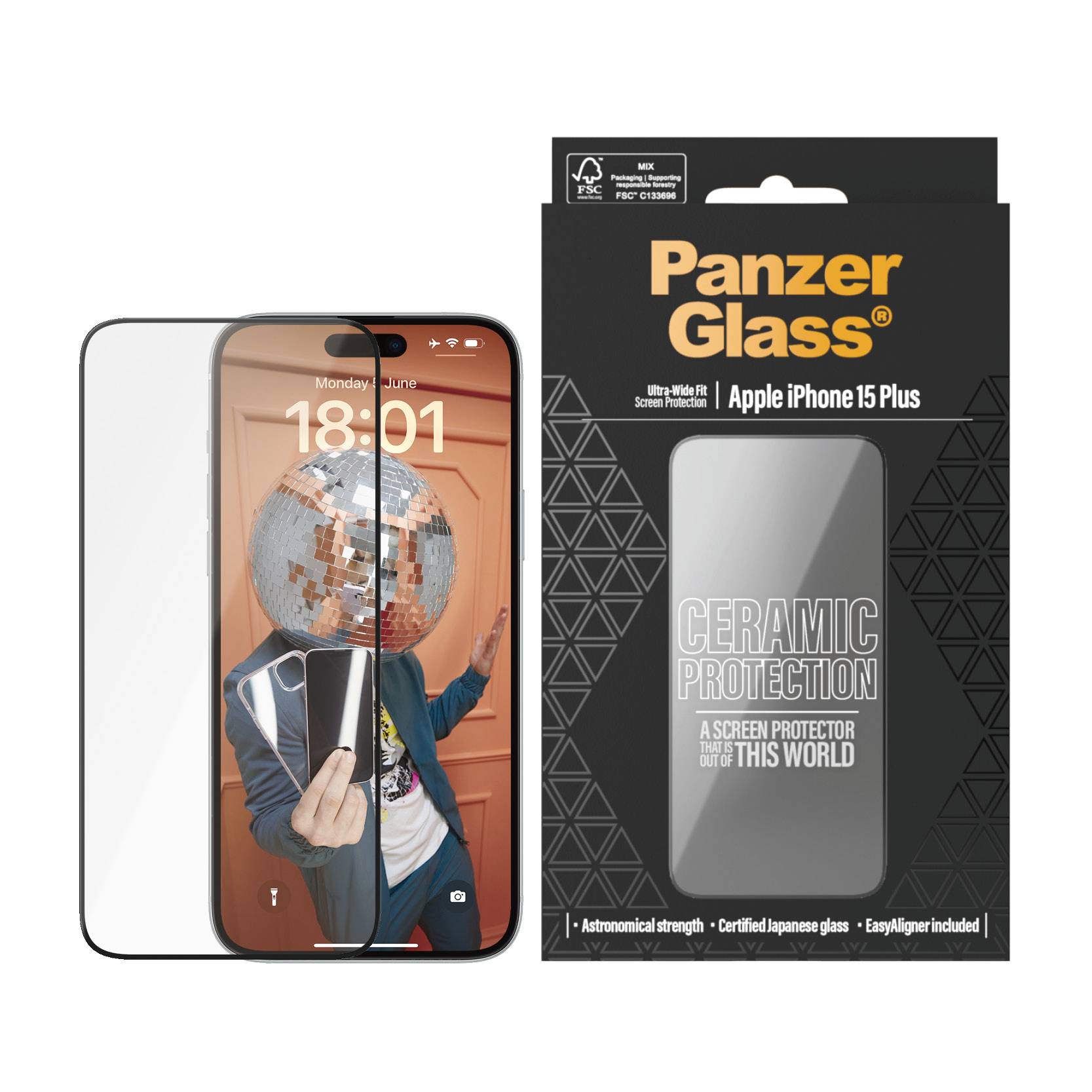 'PanzerGlass' Panzerglas-Schutz für iPhone 15 Plus mit Verpackung. Bildschirm zeigt Handy mit Spiegelkugelgesicht.