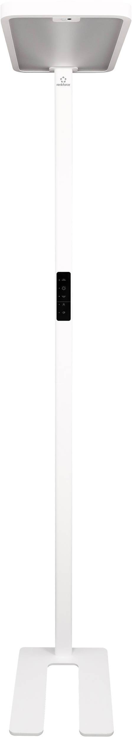 Weiße, schlanke Stehlampe mit rechteckigem Fuß und schmalem, vertikalen Ständer, geeignet zur Raumbeleuchtung.