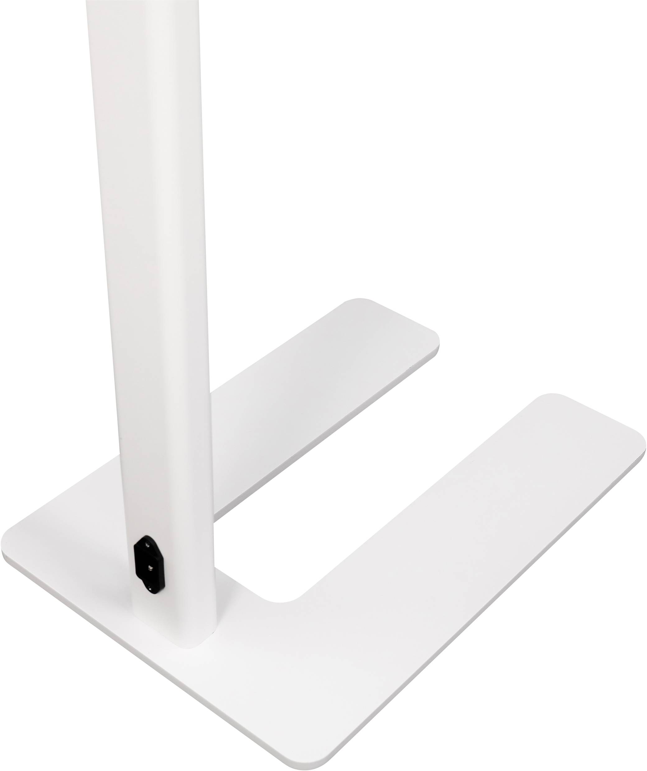 Ein weißer Tischfuß in U-Form mit einem Kabelanschluss an der Seite.