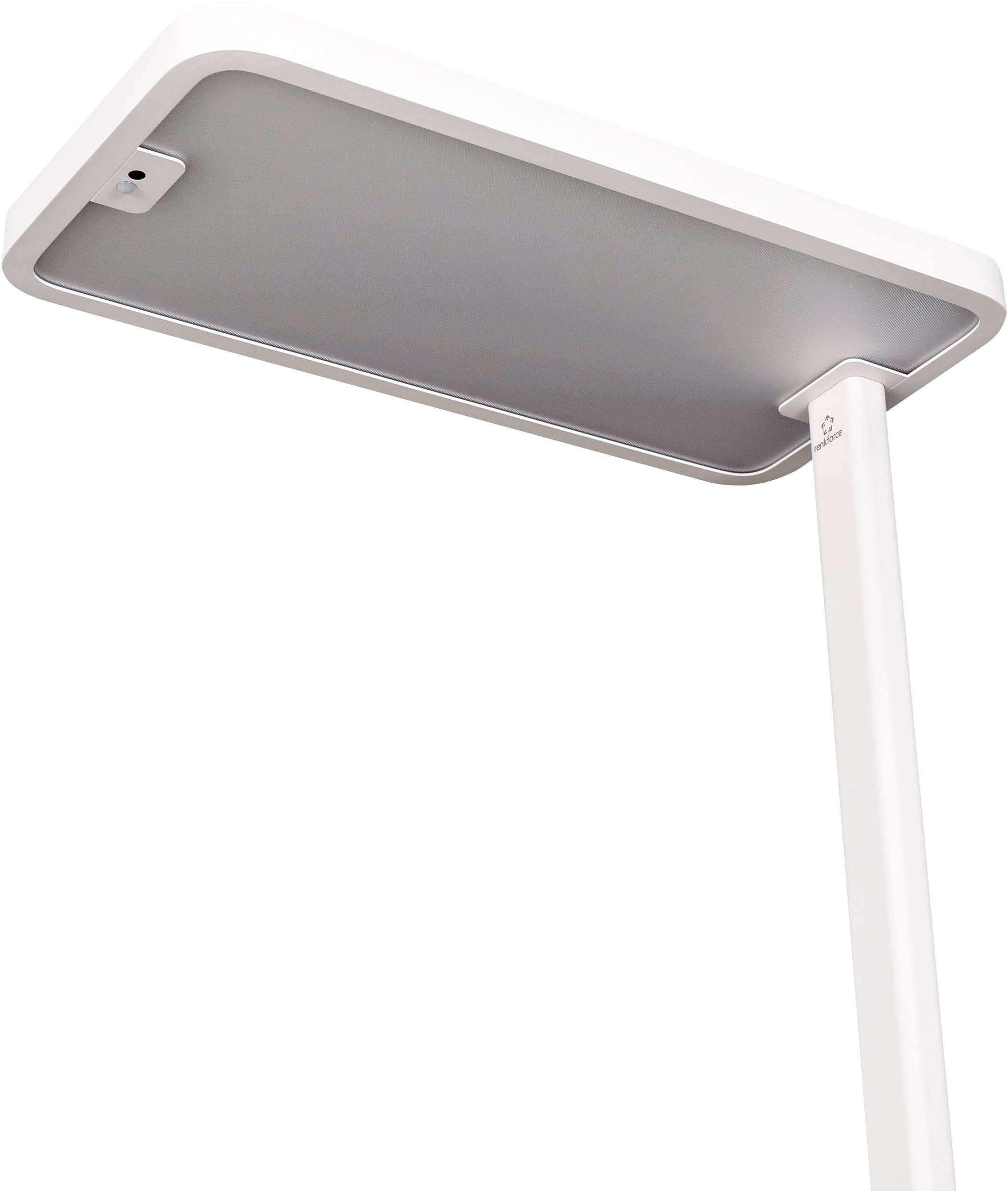 Stehende moderne Lampe mit rechteckigem Kopf und weißem Ständer; zeigt minimalistisches Design, geeignet für Innenräume.