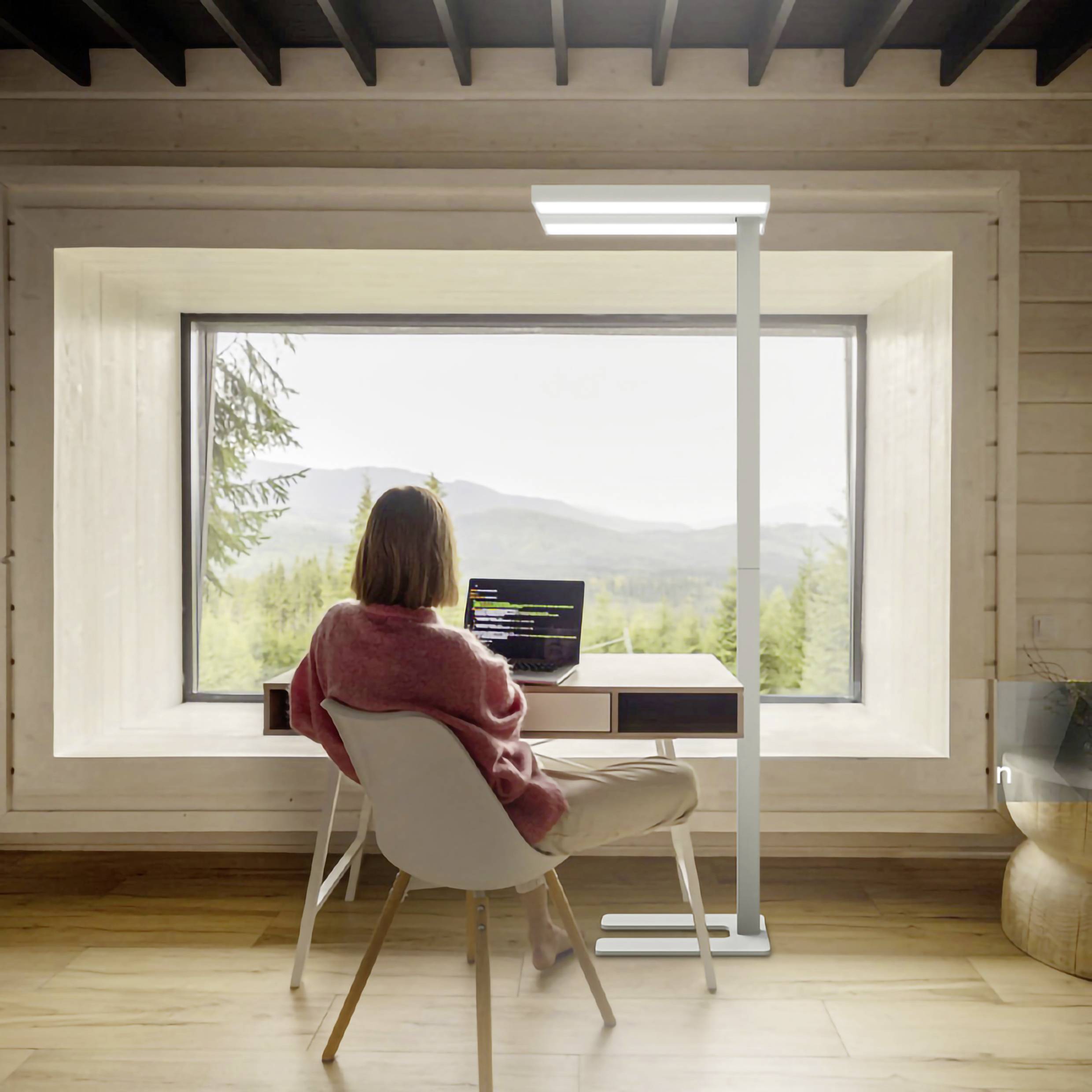 Eine Person arbeitet am Laptop vor einem großen Fenster mit Blick auf eine Berglandschaft. Der Raum wirkt modern und minimalistisch.