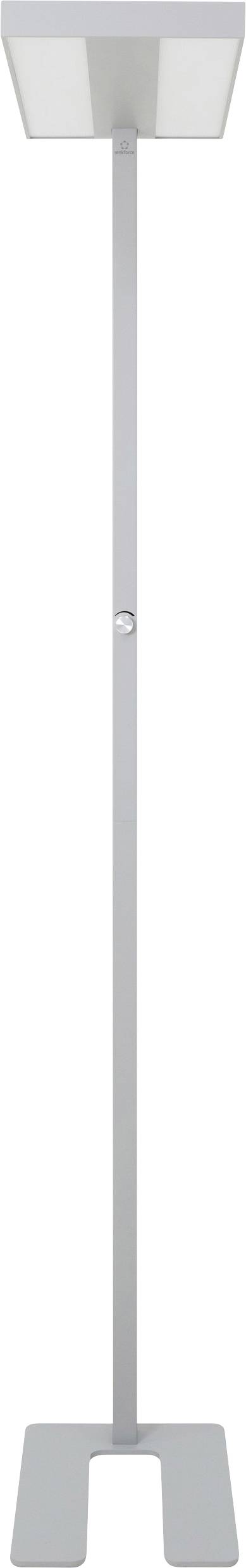 Stehende, minimalistische Lampe mit rechteckigem Schirm und schlankem, geradlinigem Ständer.