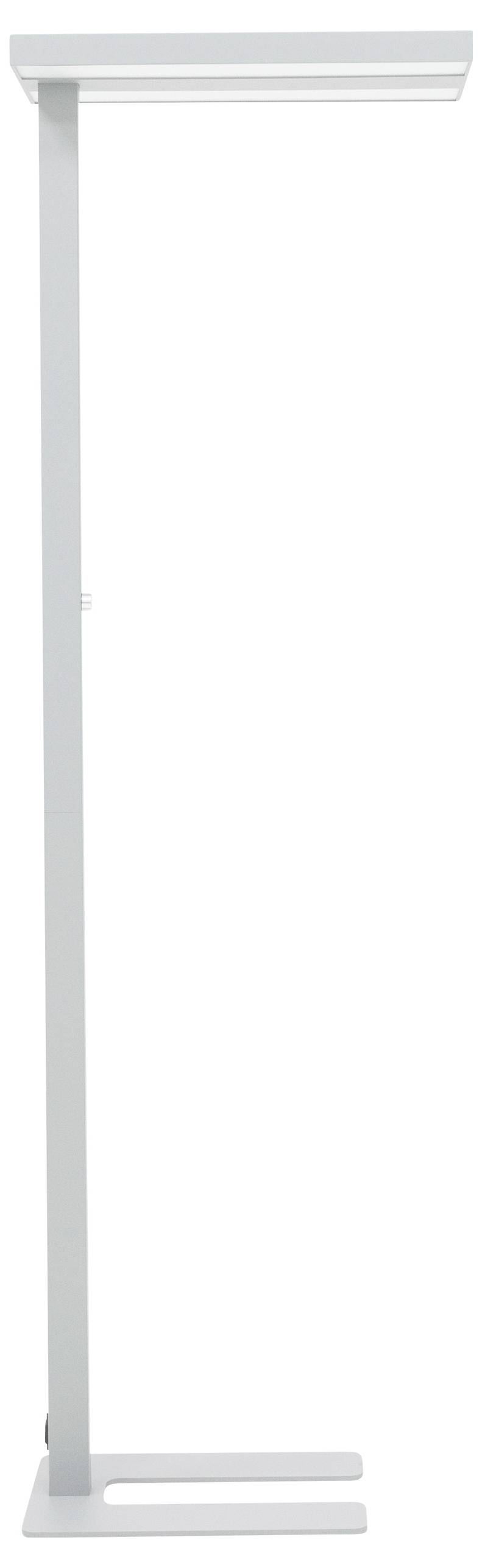 Stehlampe in modernem Design mit einem schmalen, rechteckigen Rahmen und breitem Leuchtkopf. Geeignet für Büros oder Wohnräume.