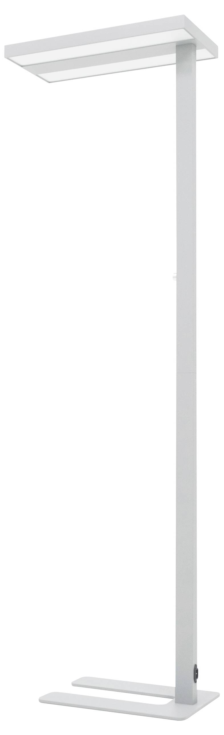 Eine moderne, silberne Stehlampe mit rechteckigem Sockel und Schirm, schlichtes Design, geeignet für Wohn- oder Büroräume.