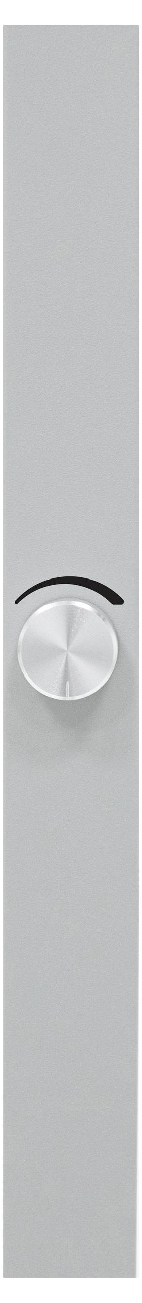 Graues vertikales Paneel mit einem zentralen runden, silbernen Drehknopf.