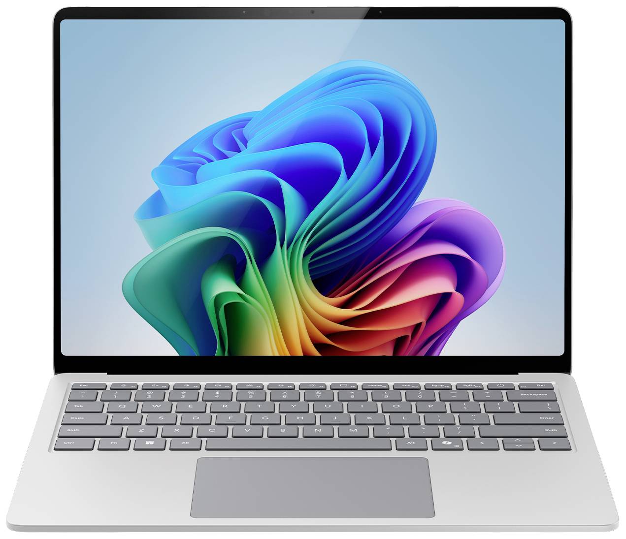 Ein Laptop mit einem bunten, abstrakten Hintergrundbild auf dem Bildschirm. Tastatur in Silber mit grauem Trackpad.