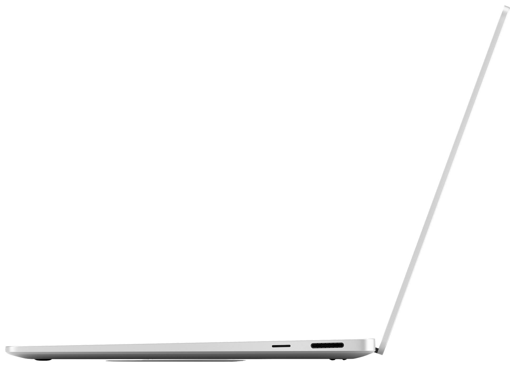 Ein seitlich geöffneter Laptop in Silber zeigt seine schlanke Bauweise. Er befindet sich in einem Winkel von etwa 30 Grad.