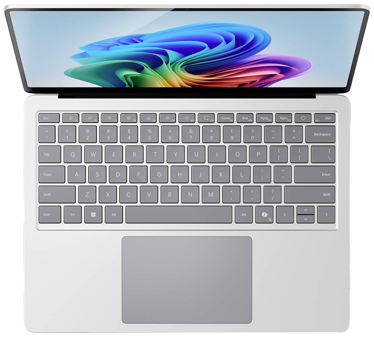Ein Laptop mit geöffnetem Bildschirm zeigt eine bunte, abstrakte Darstellung. Die Tastatur ist sichtbar, das Design wirkt modern.