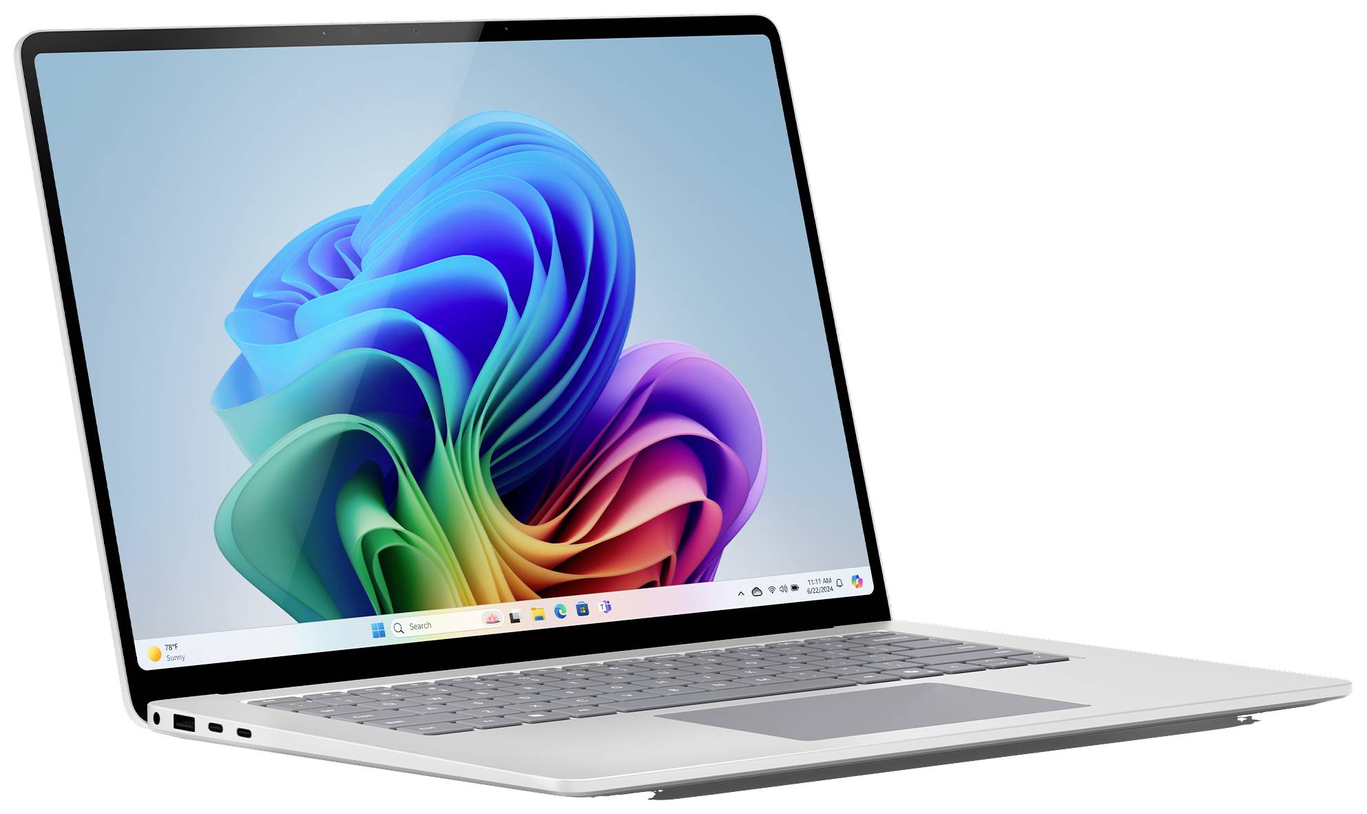 Ein moderner Laptop zeigt einen bunten Bildschirmhintergrund. Das Gerät ist teils geöffnet und auf einer hellen Oberfläche platziert.