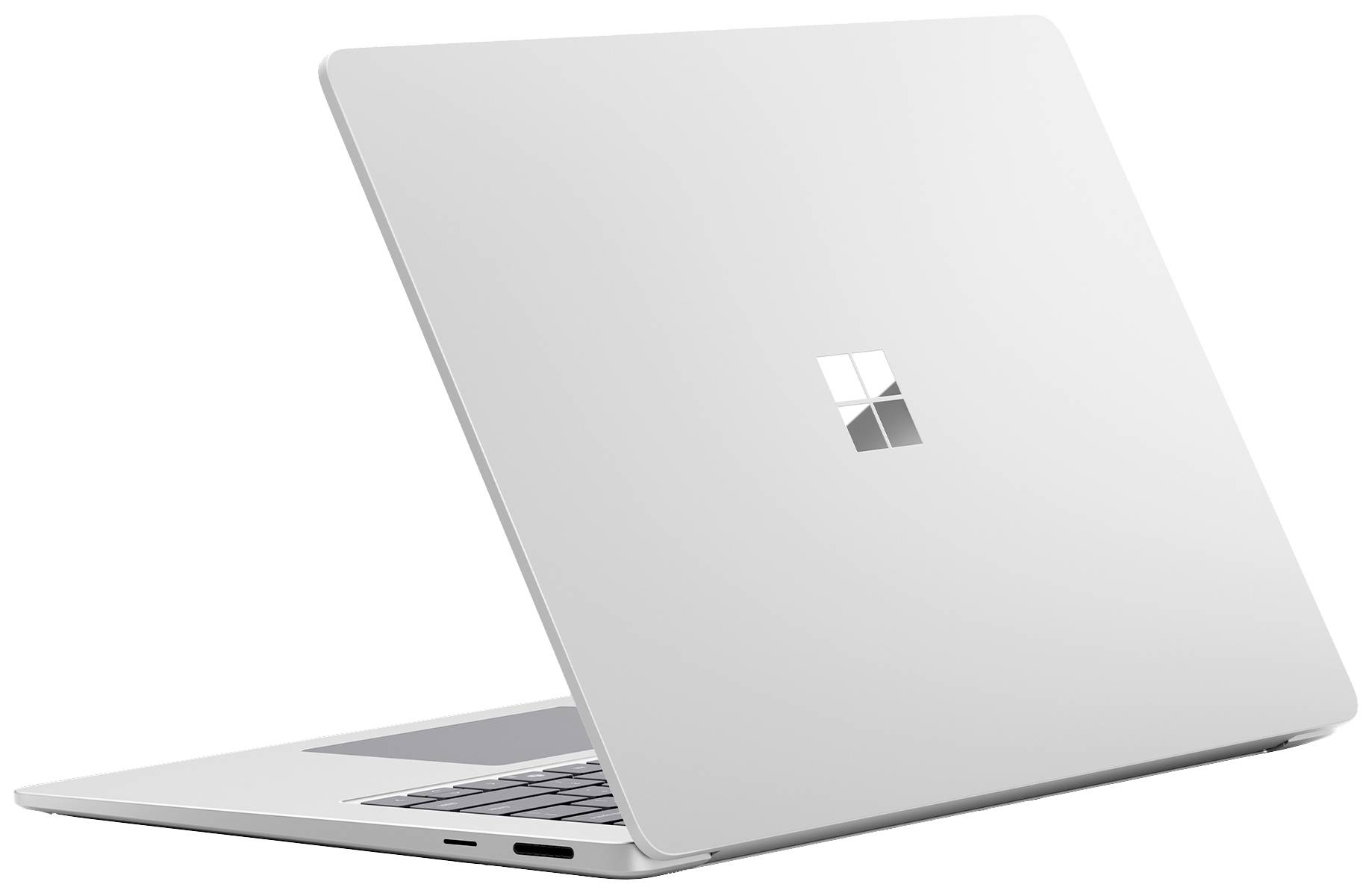 Ein geöffneter, silberner Laptop von hinten, mit einem leuchtenden Logo in der Mitte des Deckels. Es steht auf einem flachen Untergrund.