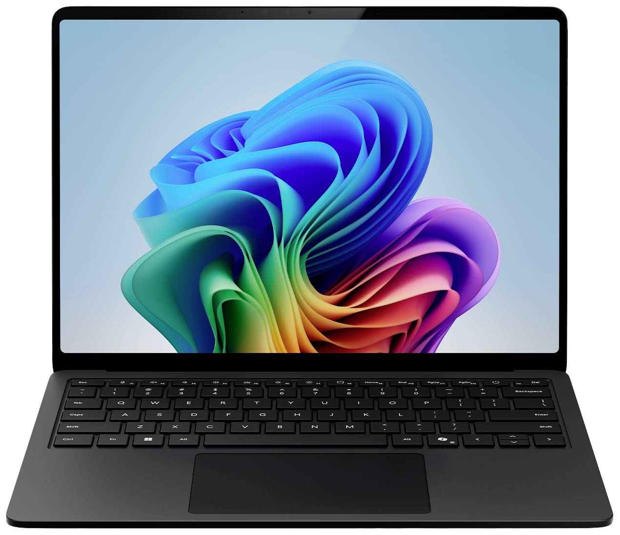 Laptop mit geöffnetem Bildschirm, zeigt ein farbenfrohes, abstraktes Design. Tastatur und Trackpad sichtbar.