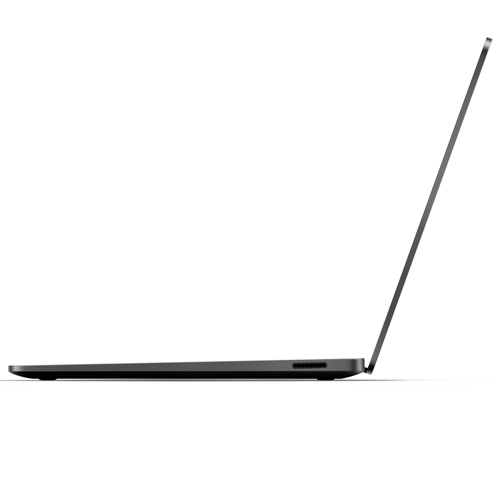 Ein dünner, aufgeklappter Laptop von der Seite betrachtet, zeigt sein schlankes Design.