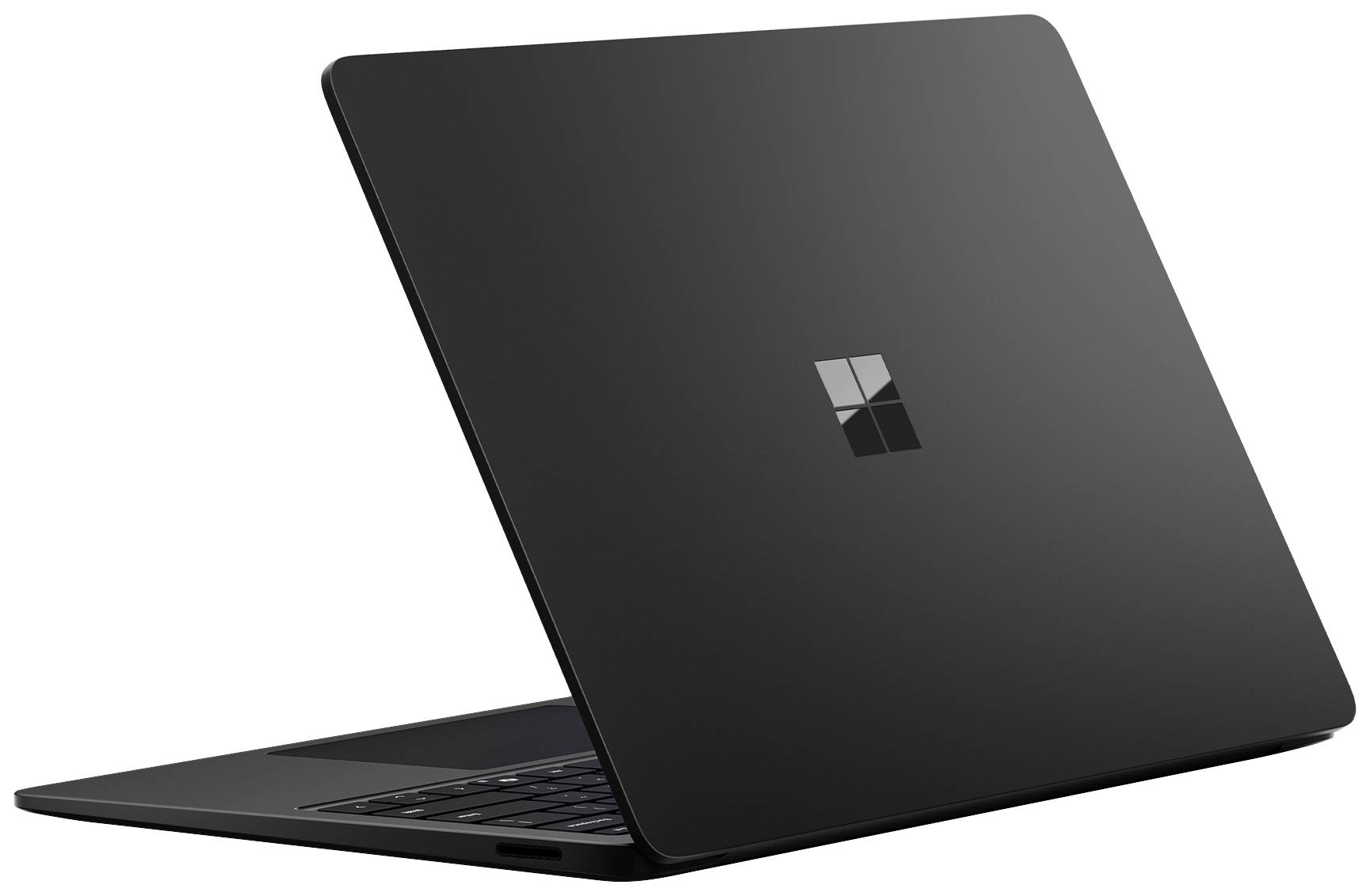 Ein schwarzer Laptop mit einem Fenster-Logo auf dem Deckel, gezeigt von hinten und leicht seitlich.