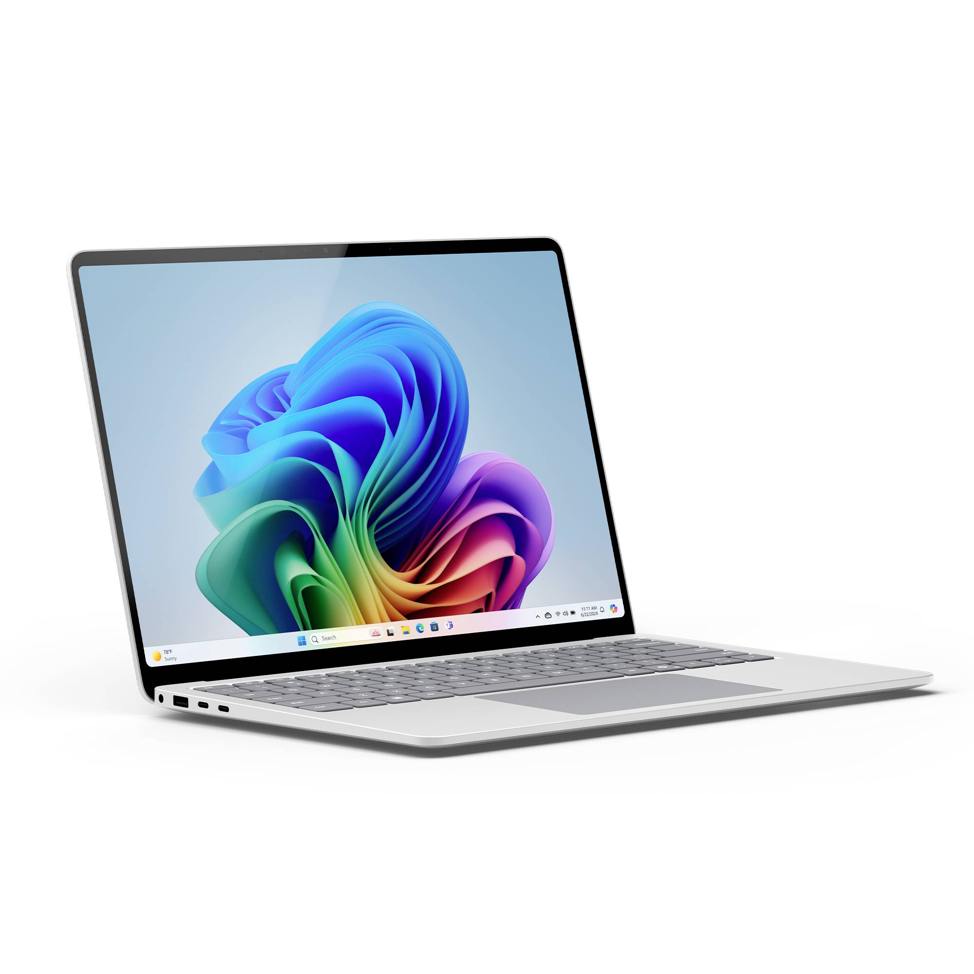 Ein silberner Laptop mit geöffneter Bildschirmanzeige. Der Bildschirm zeigt eine bunte, abstrakte Grafik auf einem hellen Hintergrund.