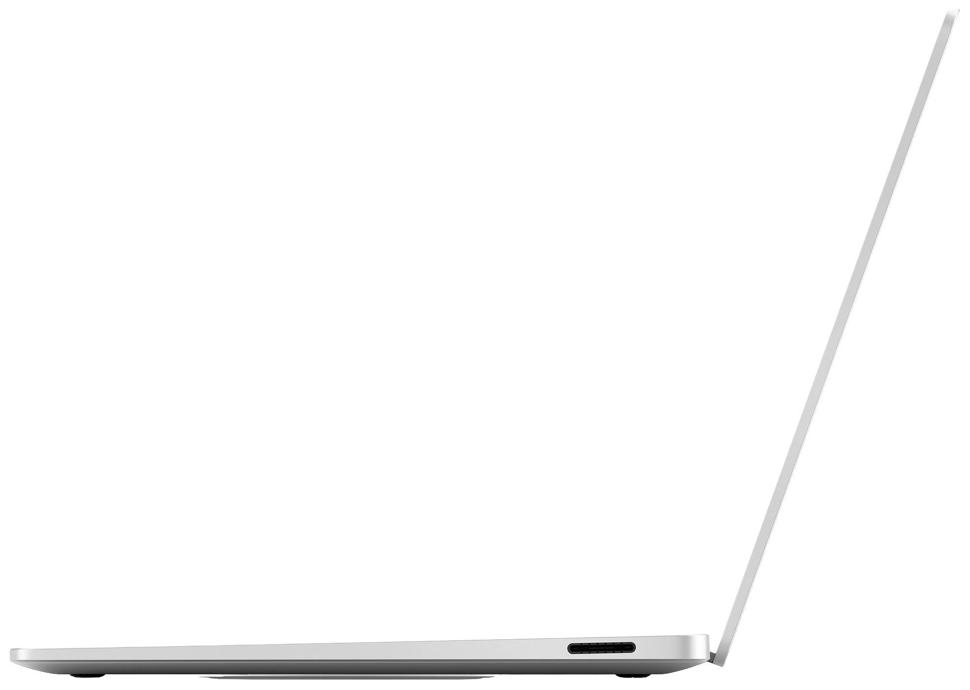 Seitenansicht eines schlanken, silbernen Laptops, der teilweise geöffnet ist.