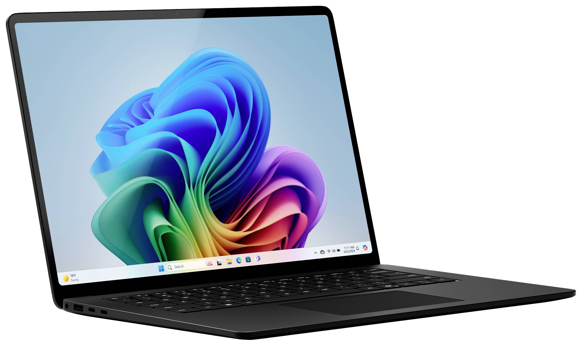 Ein schwarzer Laptop mit geöffneter Startseite zeigt ein buntes, abstraktes Grafikmuster auf dem Bildschirm.