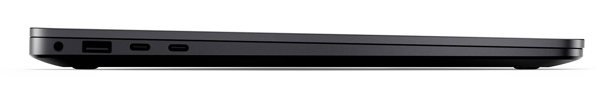 Seitenansicht eines schlanken Laptops, auf der linken Seite mit mehreren Anschlüssen.