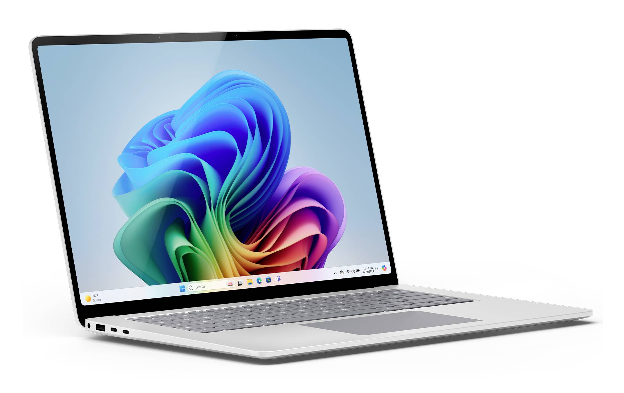Ein geöffneter Laptop mit einem bunten, abstrakten Hintergrund auf dem Bildschirm, der Microsoft Windows zeigt.