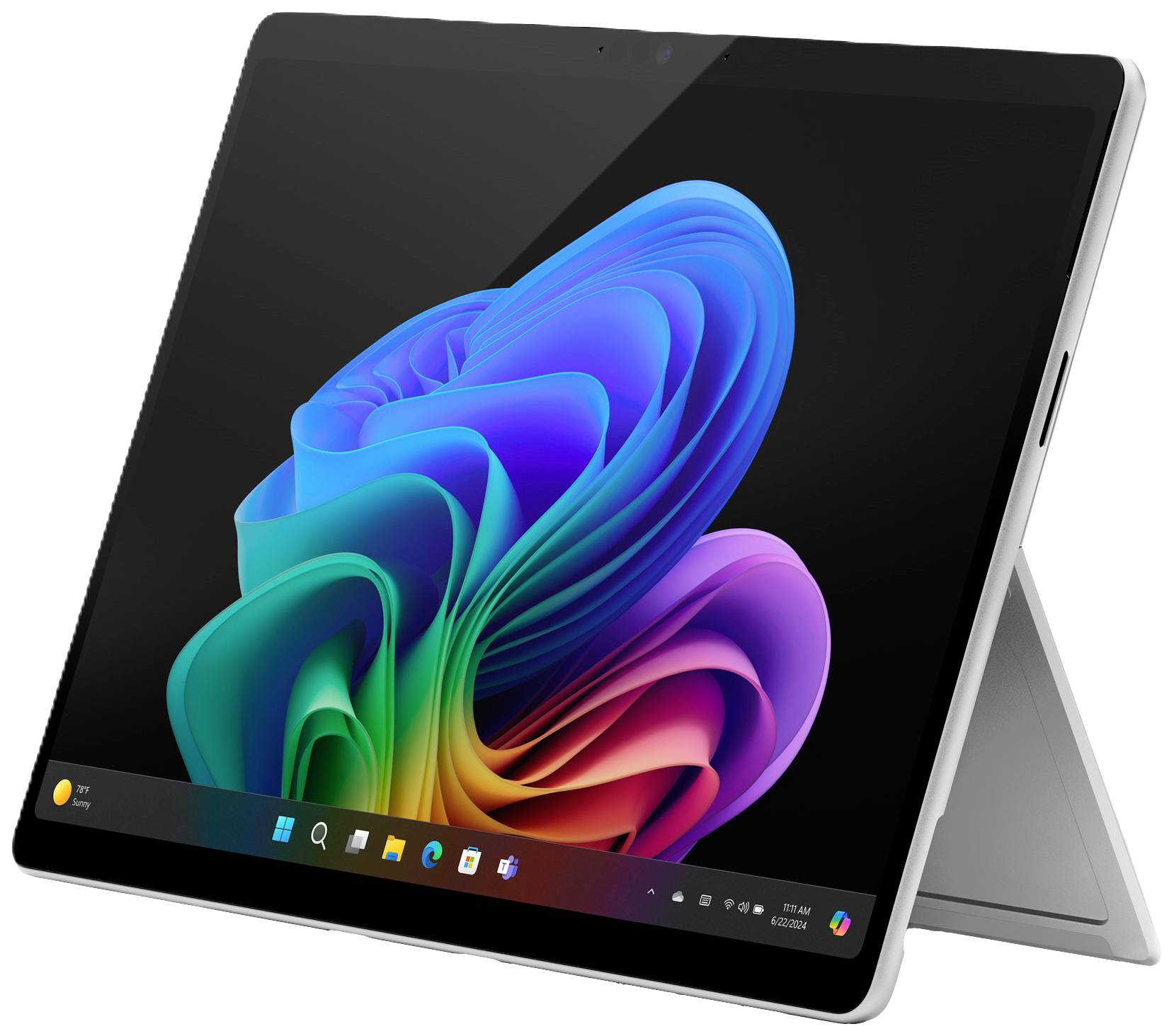 Ein moderner Laptop im Tablet-Modus, zeigt einen bunten Bildschirmhintergrund. Das Gerät steht auf einem eingebauten Ständer.