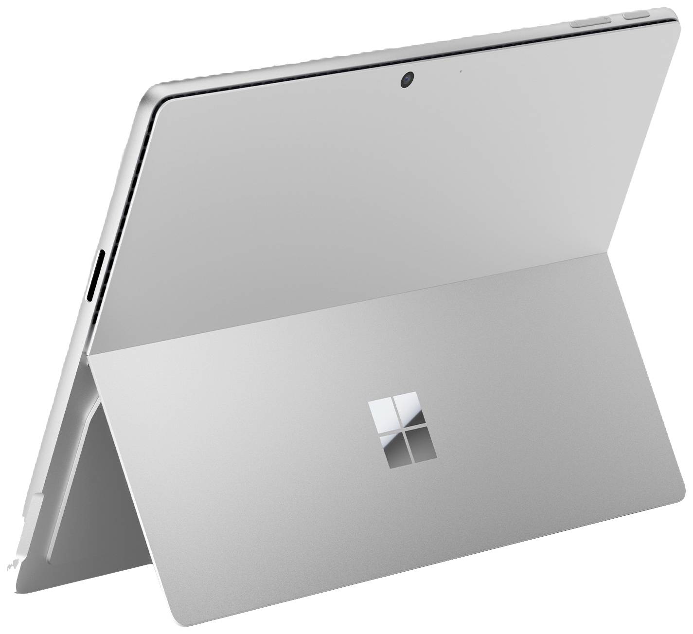 Ein silbernes Tablet mit ausklappbarer Stütze, das ein minimalistisches Design zeigt.