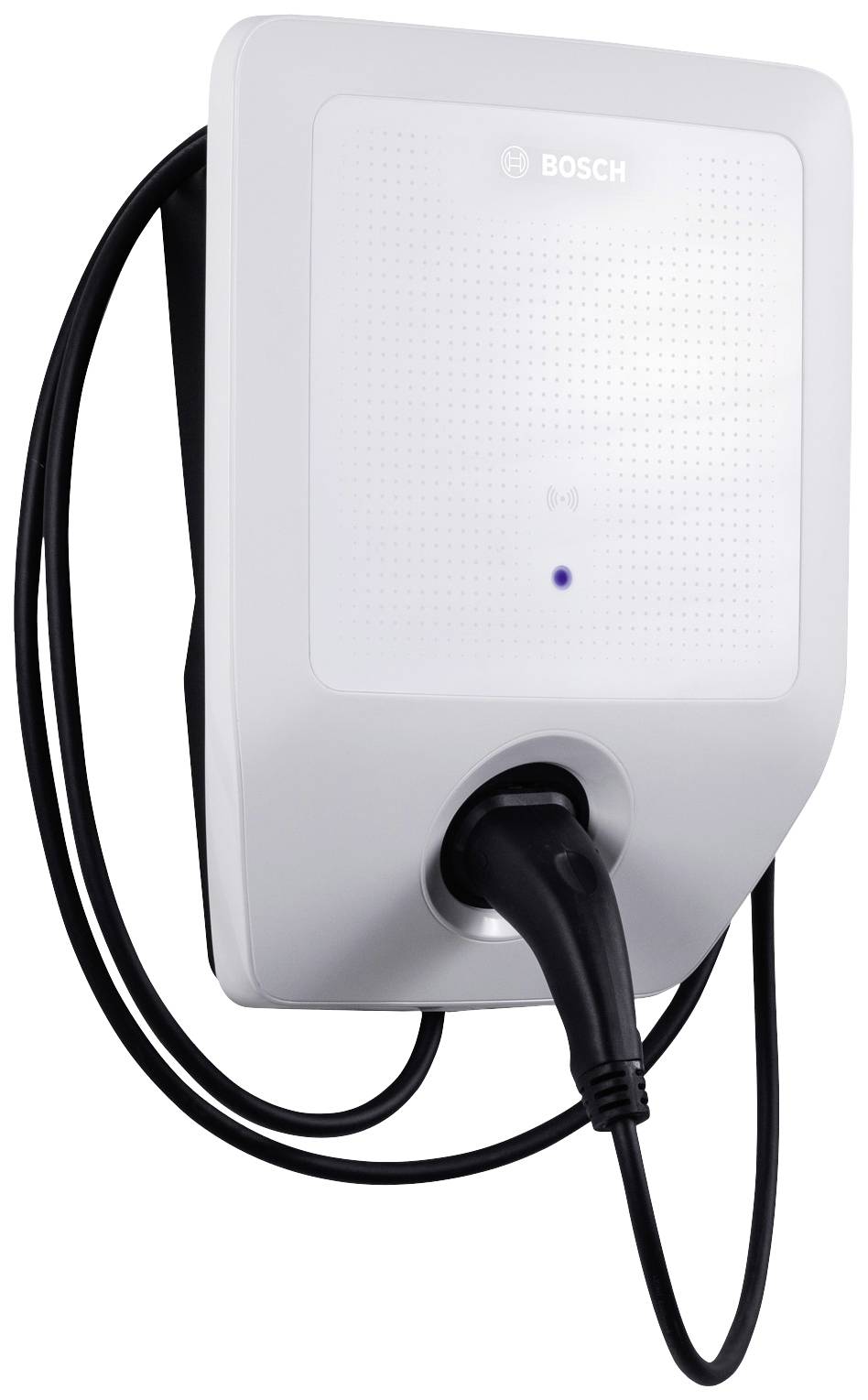 Ein weißes Bosch-Ladegerät für Elektrofahrzeuge, mit angeschlossenem Ladekabel, montiert an einer Wand.