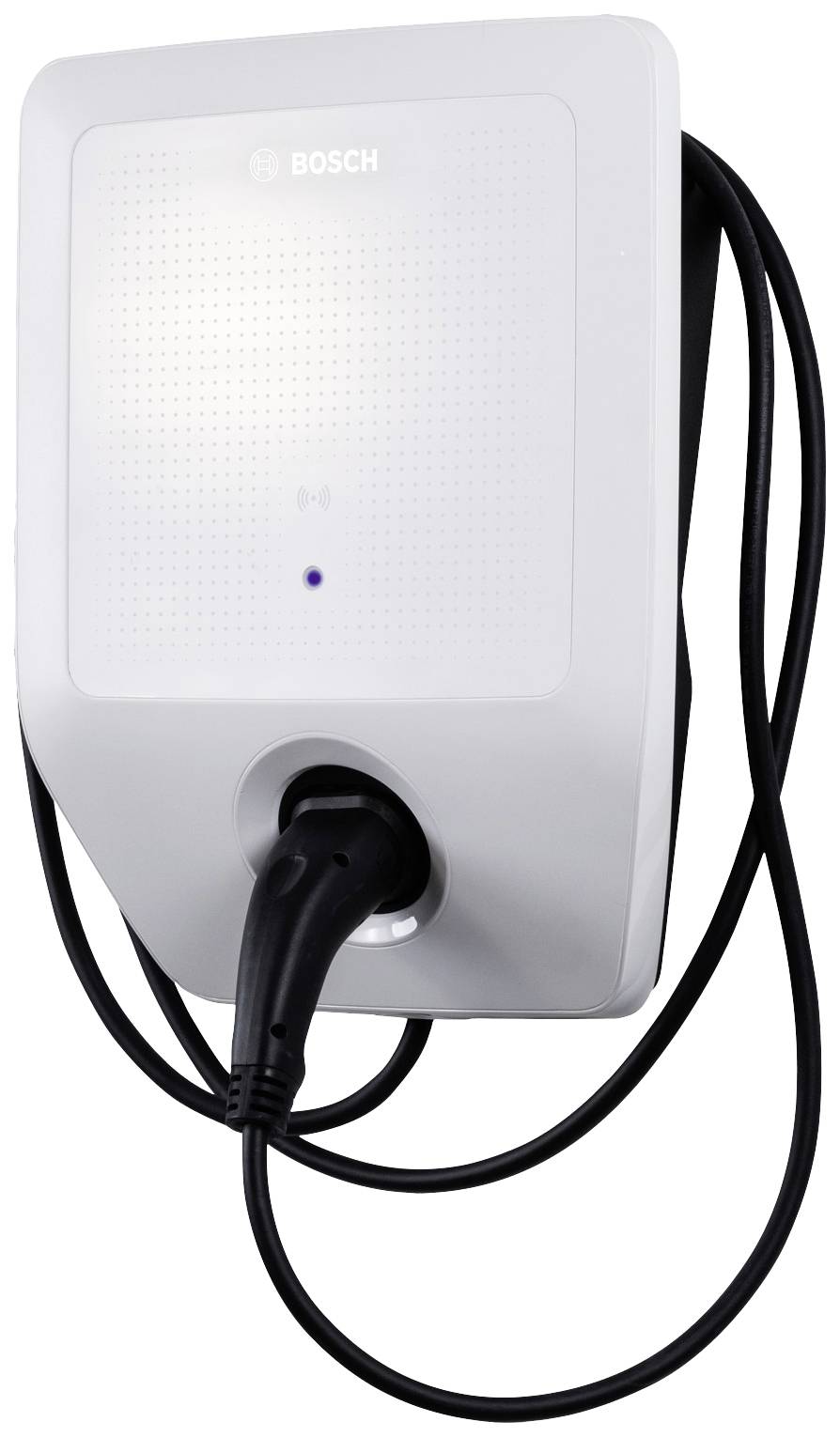 Eine weiße Bosch-Wandladestation mit einem angeschlossenen Ladekabel, geeignet für Elektrofahrzeuge.