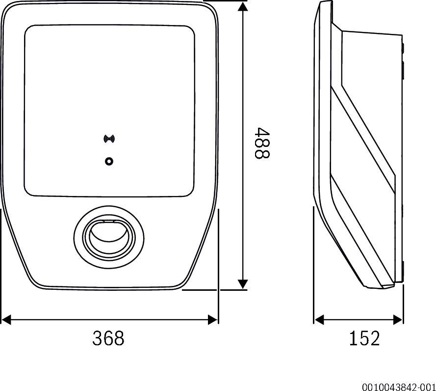 Technische Zeichnung eines elektronischen Geräts mit den Maßen: Breite 368 mm, Höhe 488 mm, Tiefe 152 mm. Vorder- und Seitenansicht.