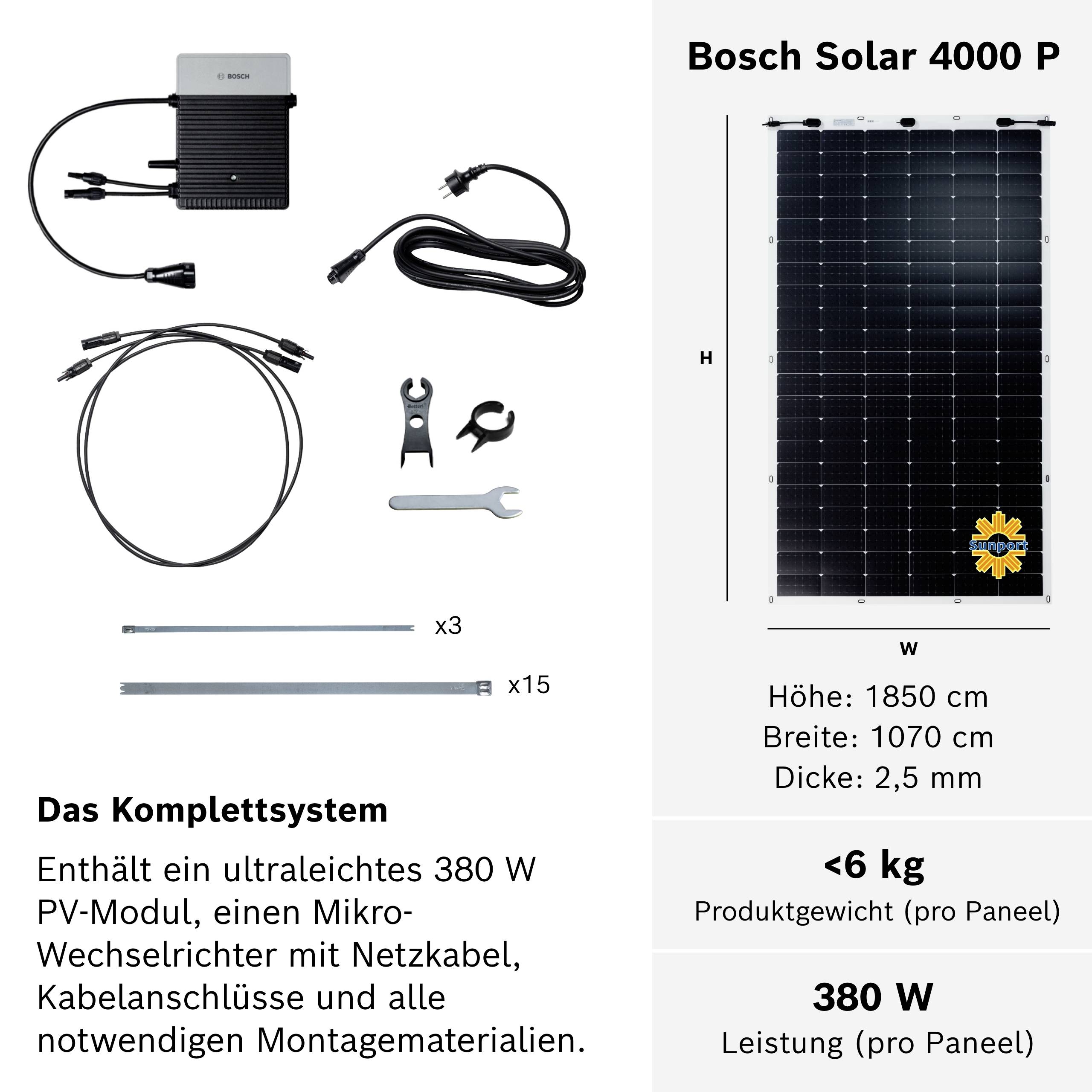 'Bosch Solar 4000 P' Solarmodul und Zubehör abgebildet. Enthalten: Mikro-Wechselrichter, Netz- und Kabelanschlüsse. Maße: 1850 cm Höhe, 1070 cm Breite, 380 W Leistung.