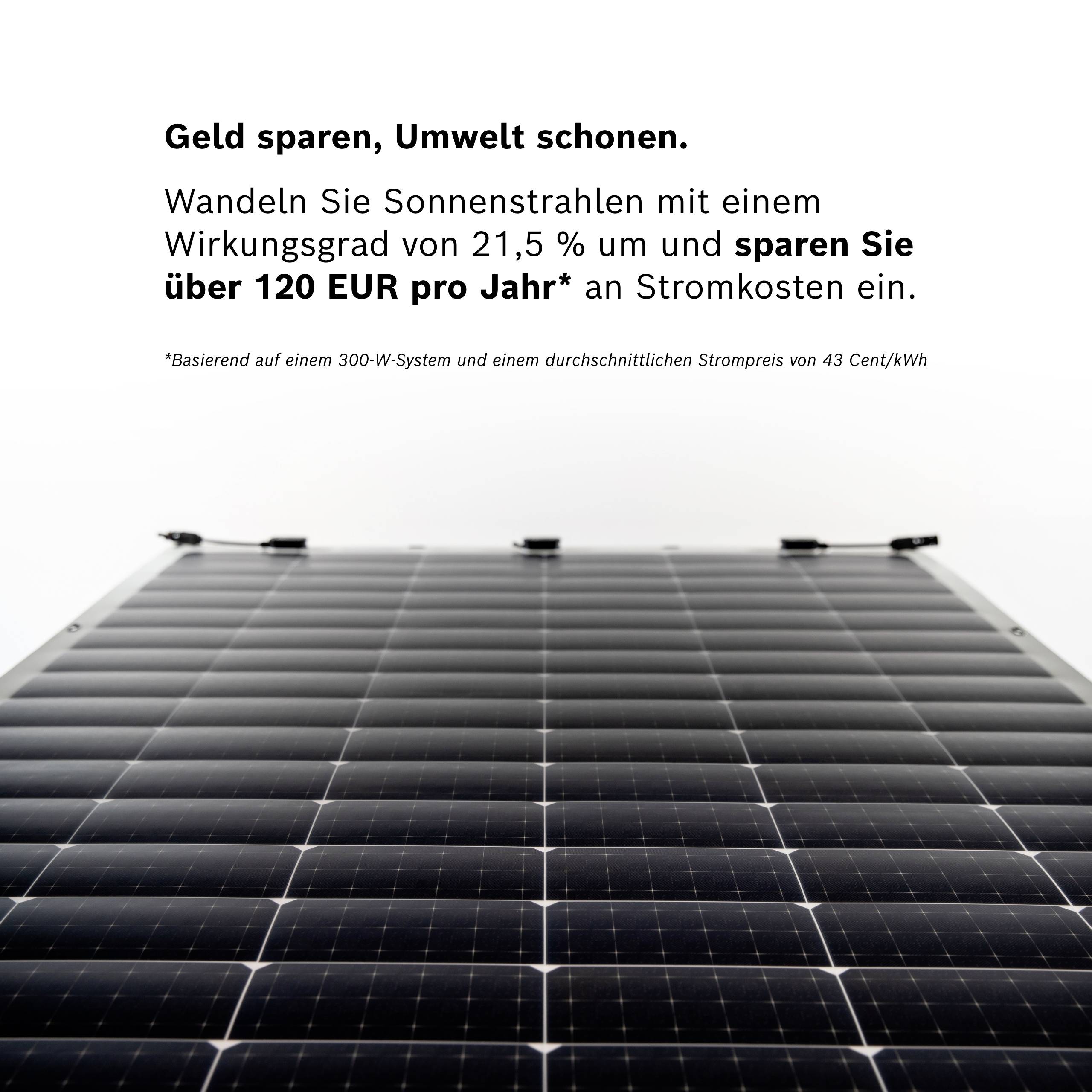 Solarmodul-Detail mit Text: 'Geld sparen, Umwelt schonen. Sparen Sie über 120 EUR pro Jahr mit 21,5 % Wirkungsgrad.'