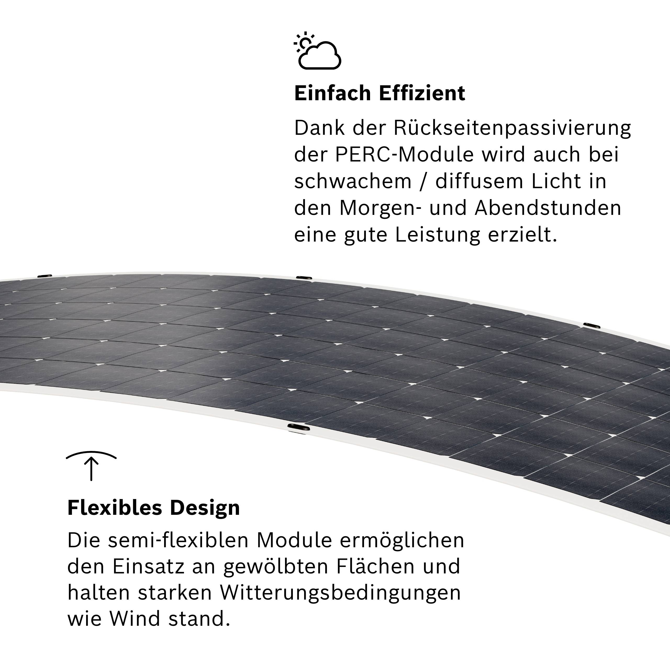Solarmodule mit flexiblen Design und hoher Effizienz durch PERC-Technologie. Gute Leistung bei diffusem Licht, geeignet für gewölbte Flächen.