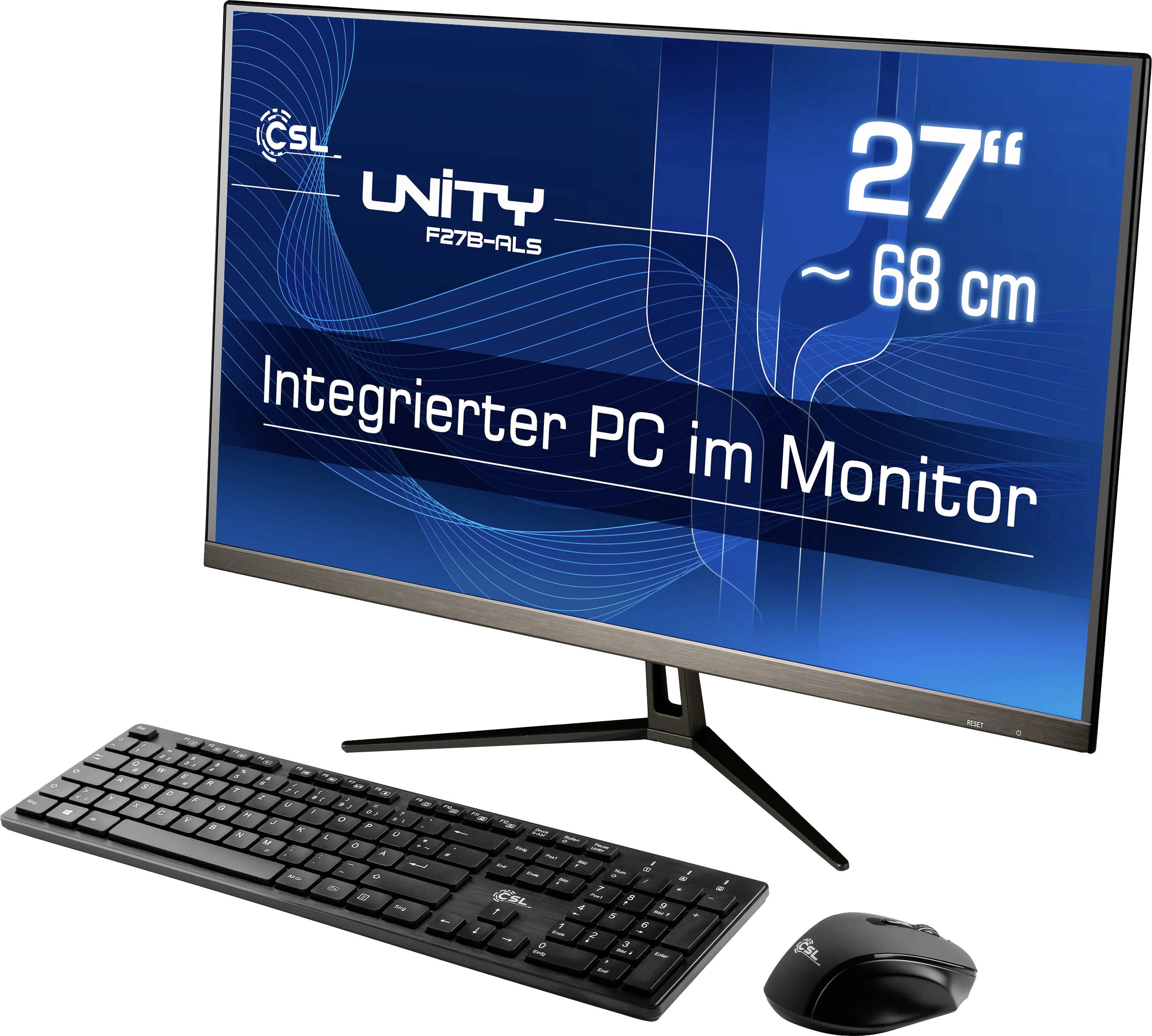 Ein Monitor mit integriertem PC, Modell 'Unity F27B-ALS' von CSL, 27 Zoll (68 cm) Bildschirmdiagonale, mit Tastatur und Maus.