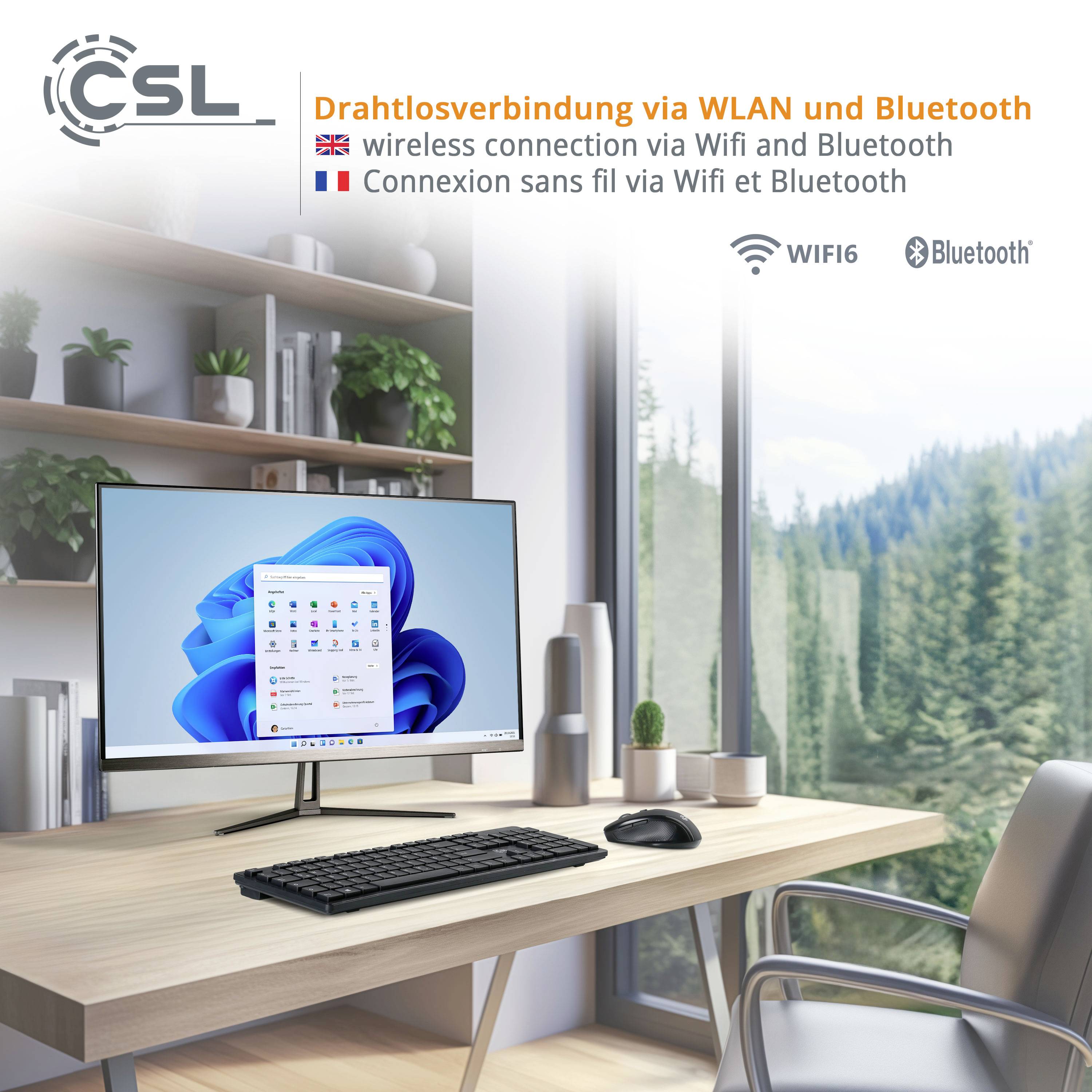 Ein moderner Schreibtisch mit Computer zeigt eine Landschaft. Der Bildschirm hebt die WLAN- und Bluetooth-Verbindungsfähigkeit hervor.