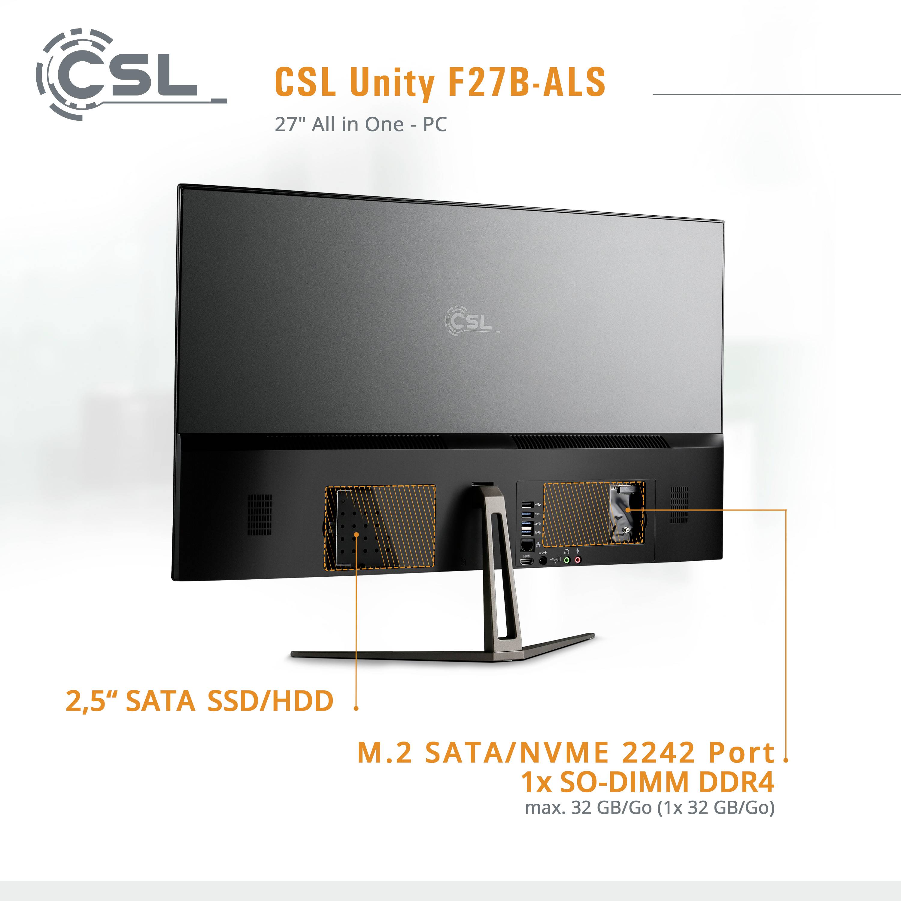 CSL Unity F27B-ALS, 27-Zoll All-in-One-PC, Rückansicht. Enthält 2,5-Zoll-SSD/HDD Slot und 1x M.2 SATA/NVMe 2242 Port für Speichererweiterung.