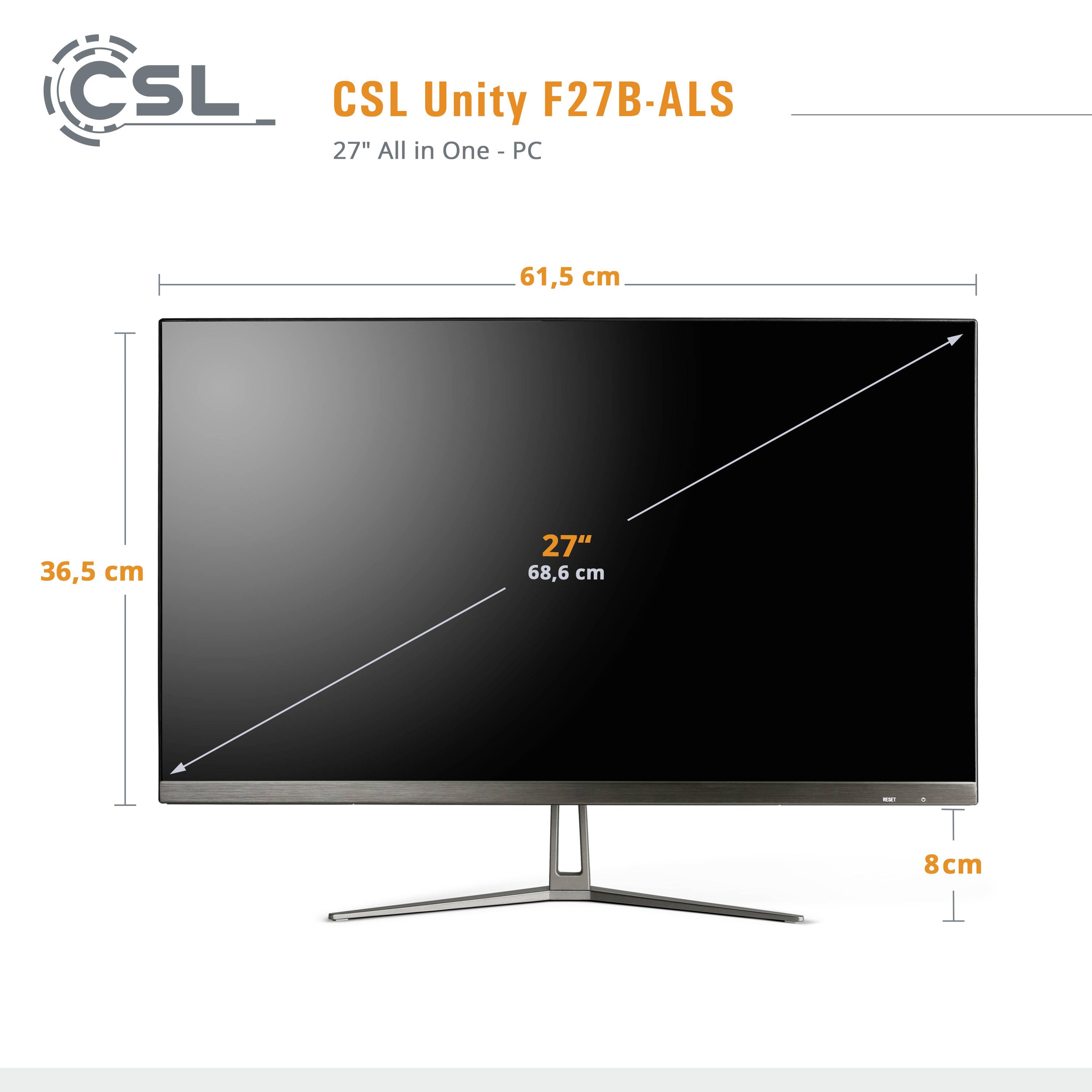 Ein 27-Zoll All-in-One-PC, Modell 'CSL Unity F27B-ALS'. Die Bildschirmmaße sind 61,5 cm x 36,5 cm, mit einem Standfuß von 8 cm Höhe.