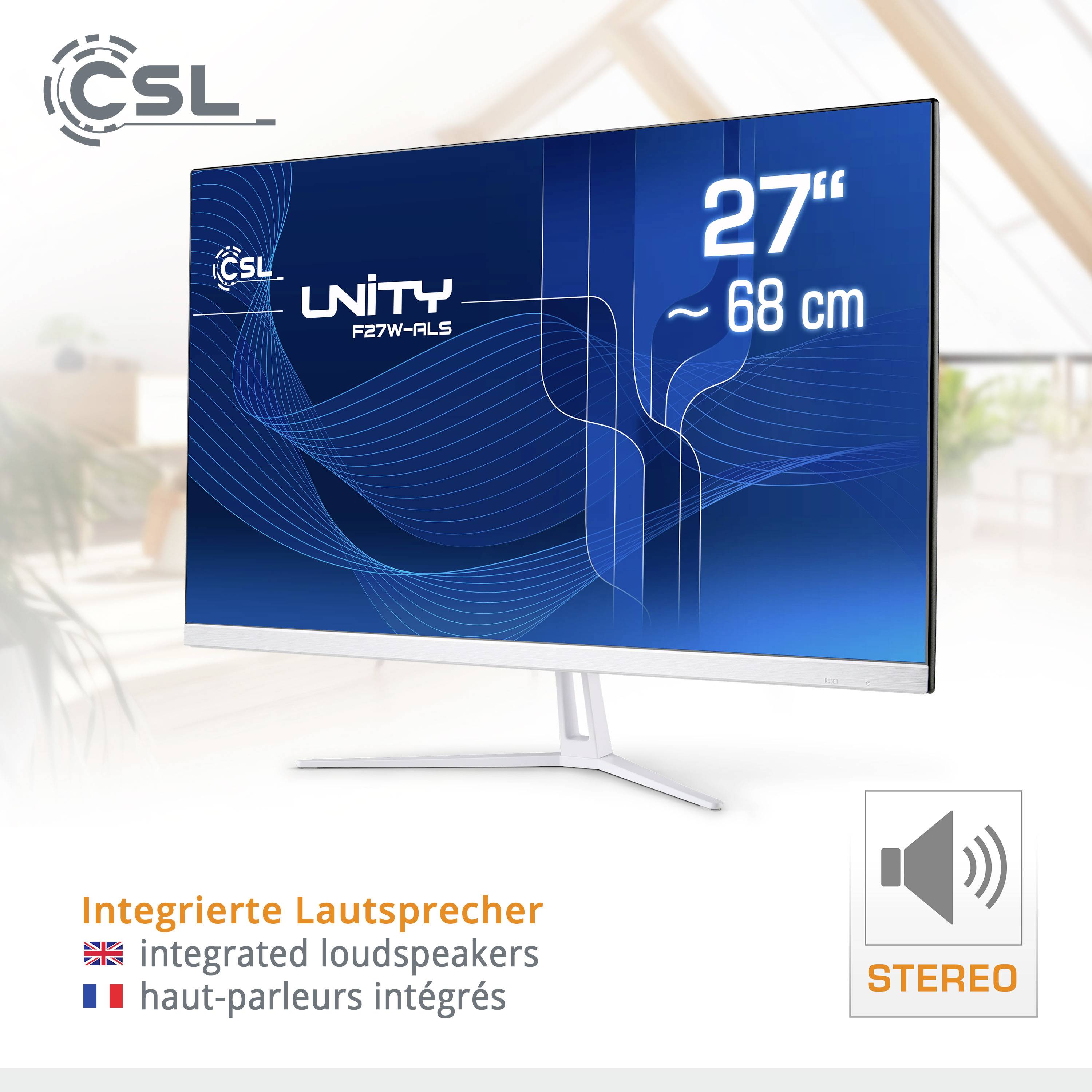 Ein Monitor mit 27 Zoll (68 cm) Bildschirmdiagonale, Modell 'CSL Unity F27W-AuS', mit integrierten Lautsprechern und Stereo-Sound.