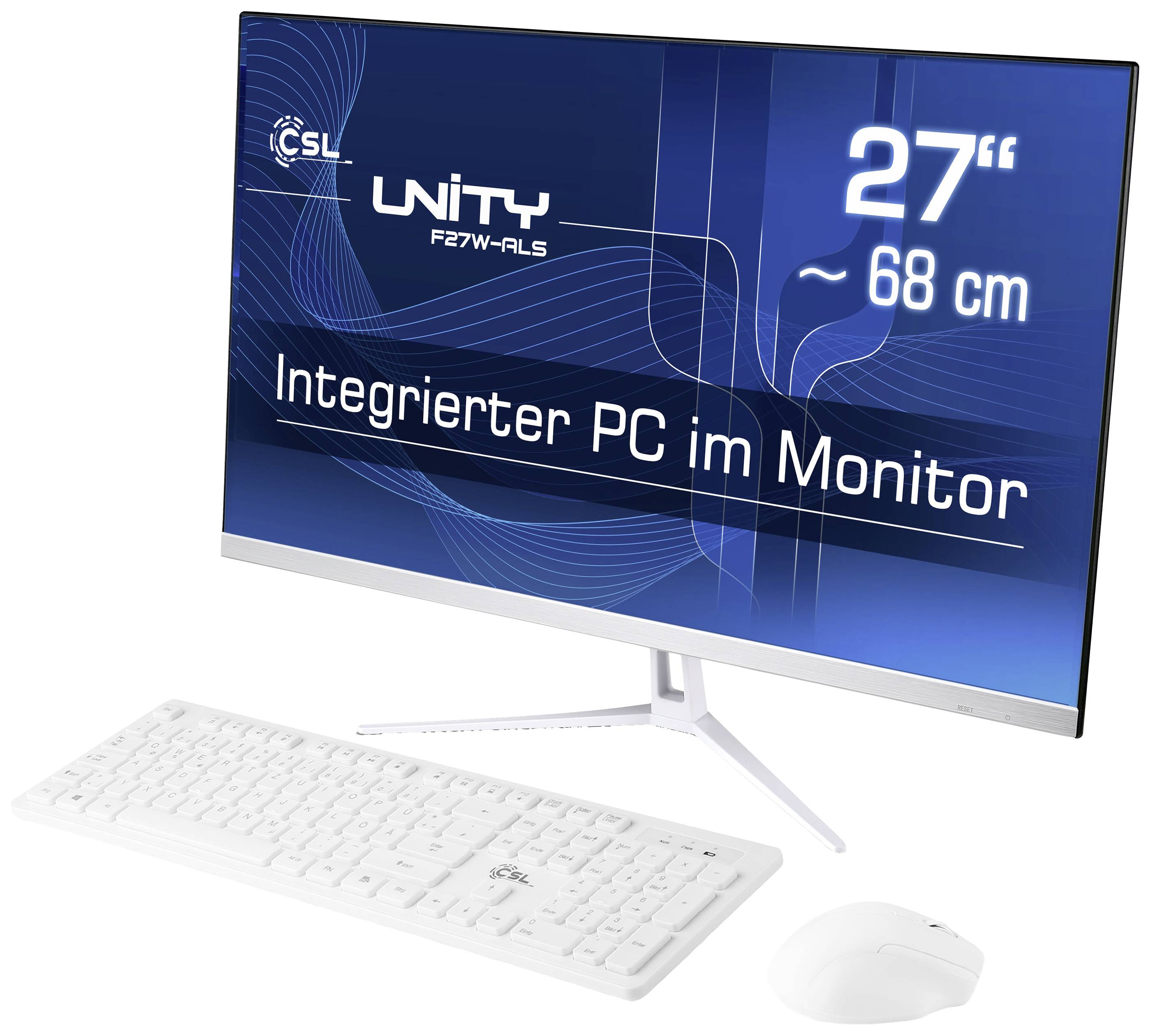 Ein Monitor mit der Aufschrift 'Integrierter PC im Monitor', begleitet von einer weißen Tastatur und Maus.